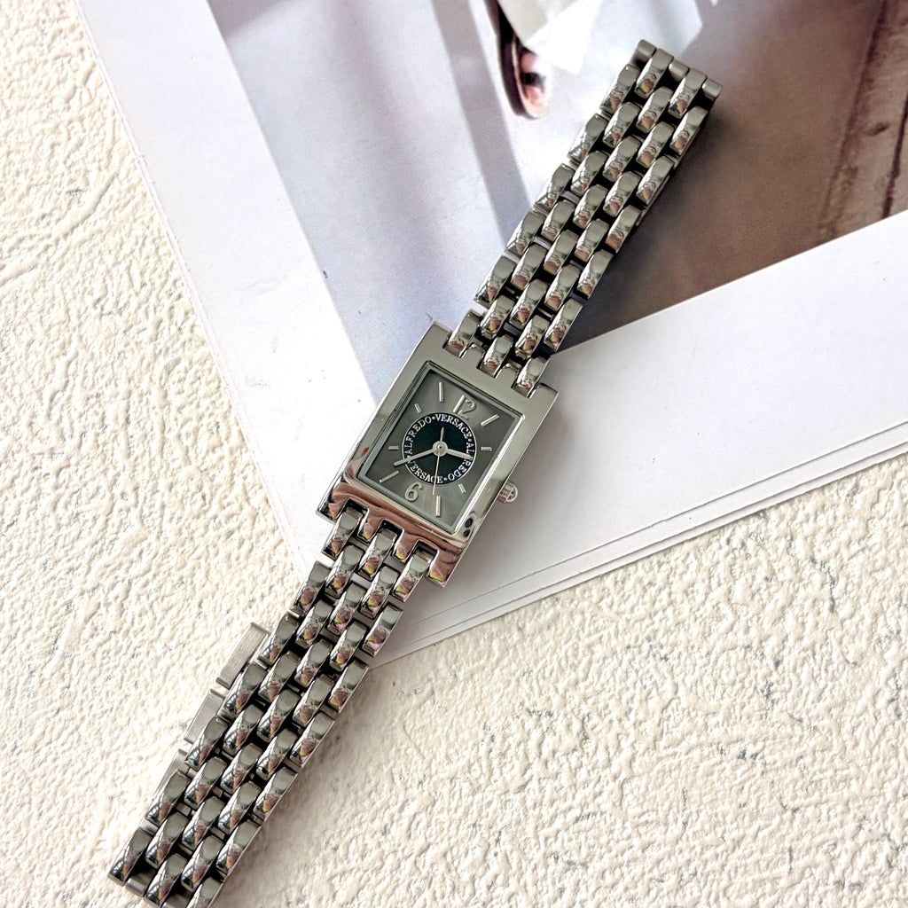 V. Black Square Silver Chain Watch