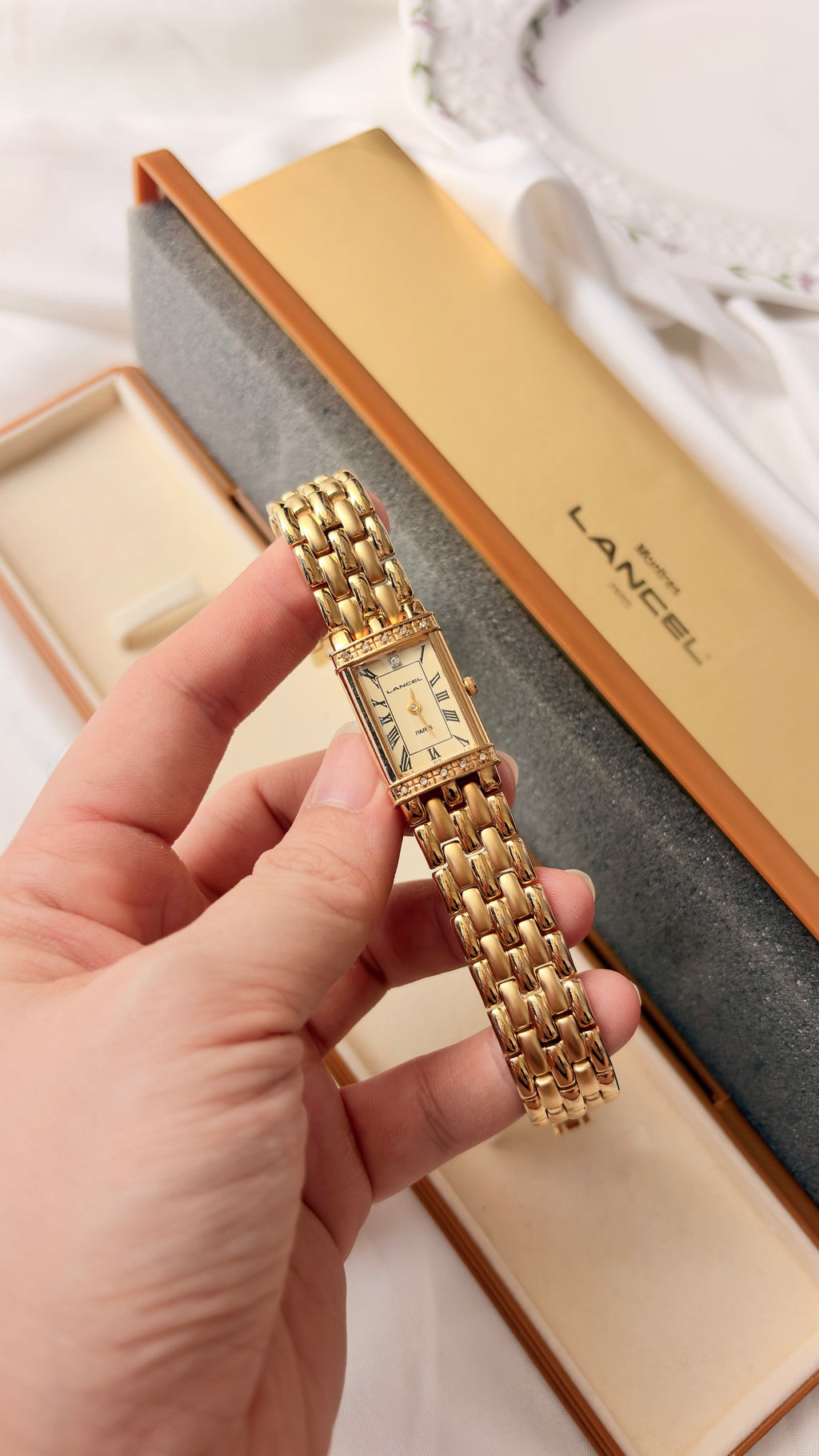 [WITH BOX] Lancel Paris Gold Rect Roman Dial Gold Chain Watch