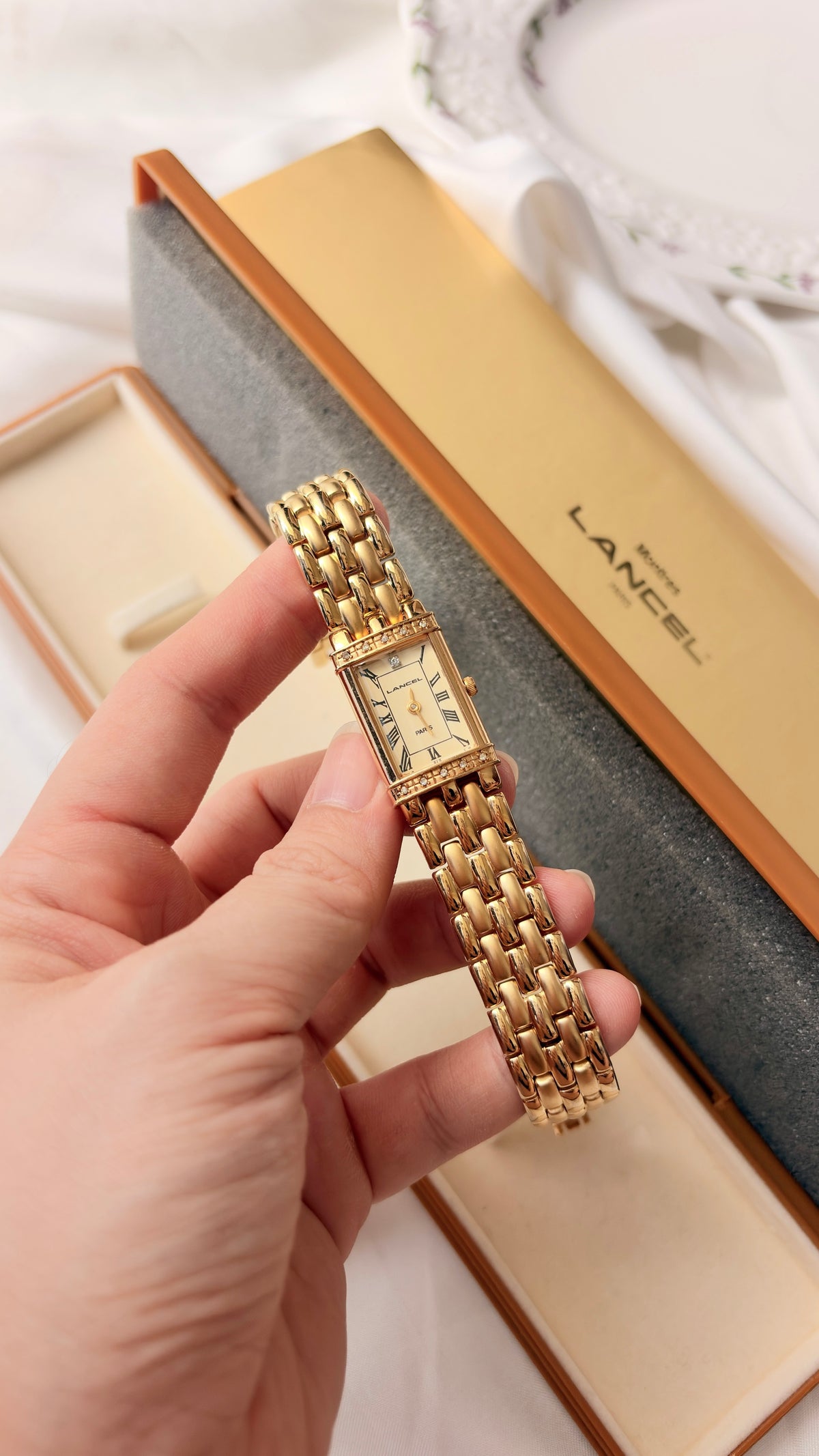 [WITH BOX] Lancel Paris Gold Rect Roman Dial Gold Chain Watch