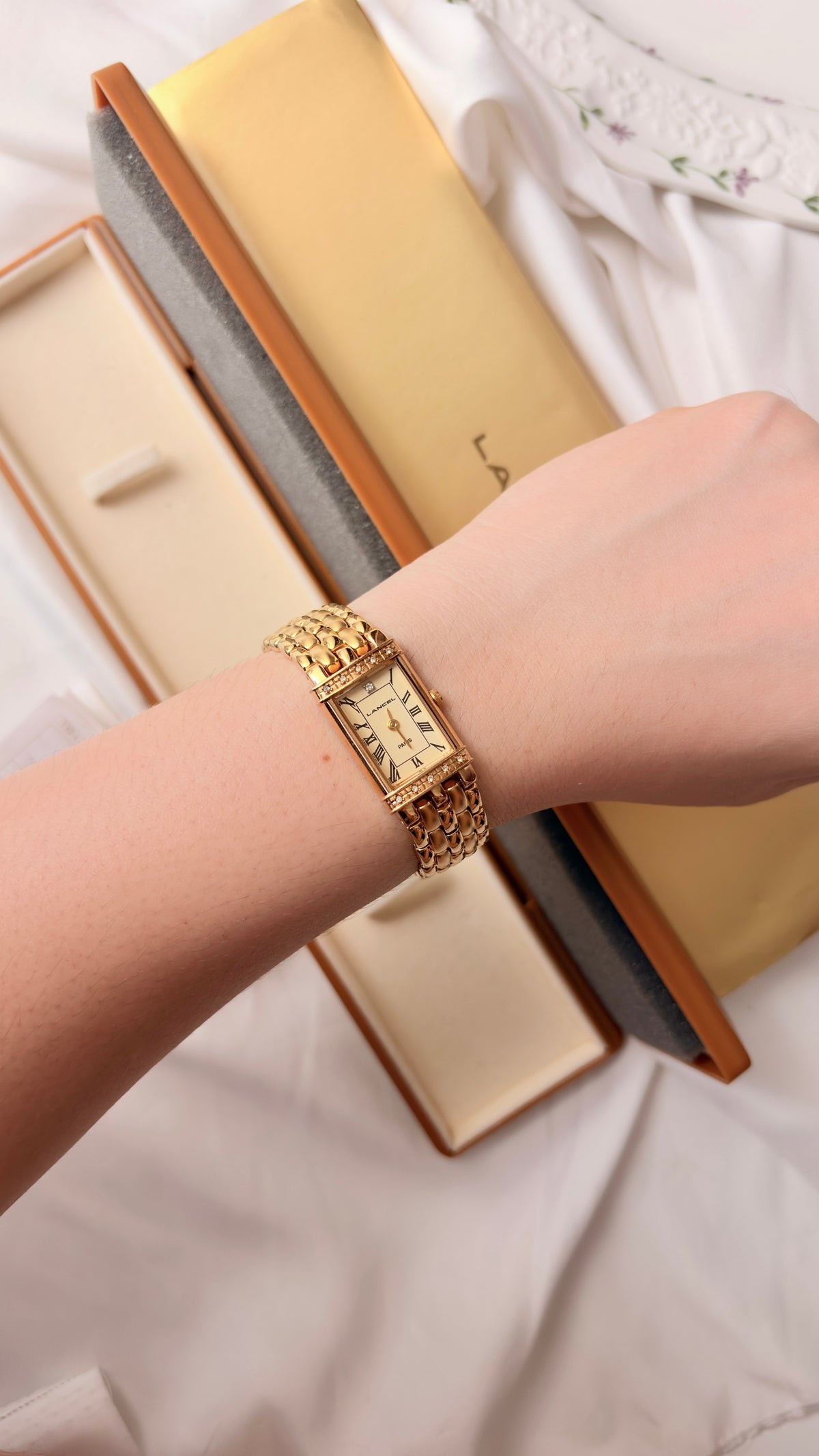 [WITH BOX] Lancel Paris Gold Rect Roman Dial Gold Chain Watch