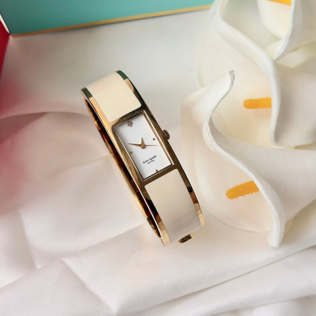 [WITH BOX] KS. White Rect Dial Beige Gold Bangle Watch