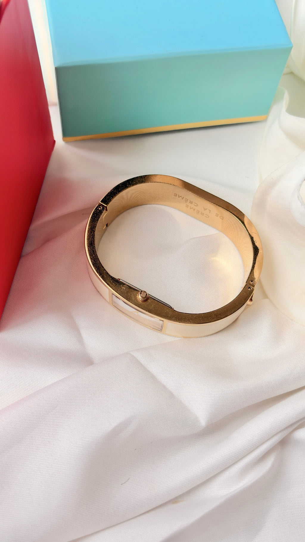 [WITH BOX] KS. White Rect Dial Beige Gold Bangle Watch