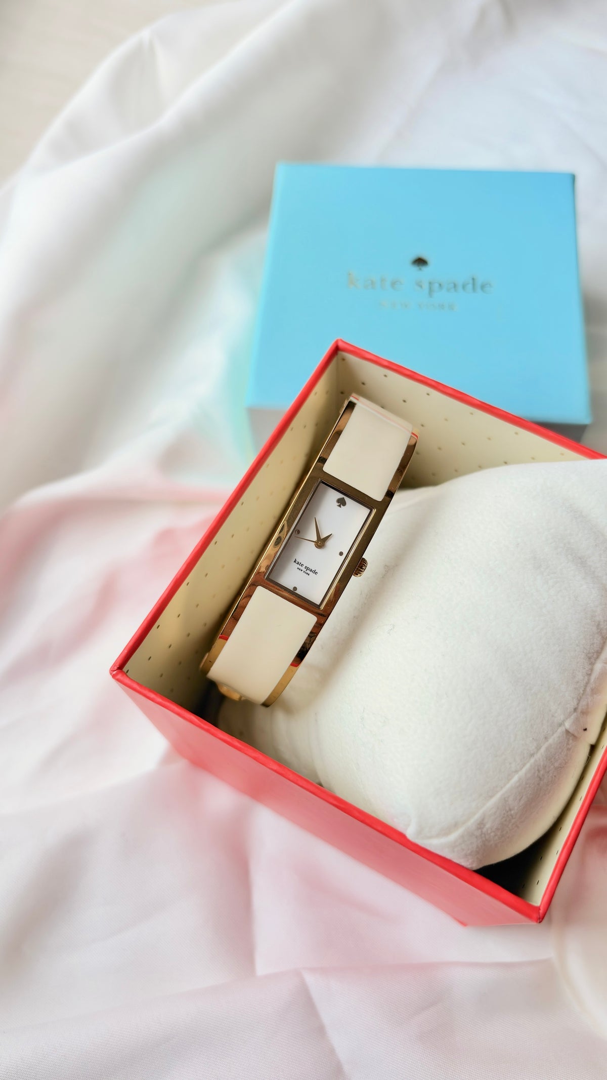 [WITH BOX] KS. White Rect Dial Beige Gold Bangle Watch