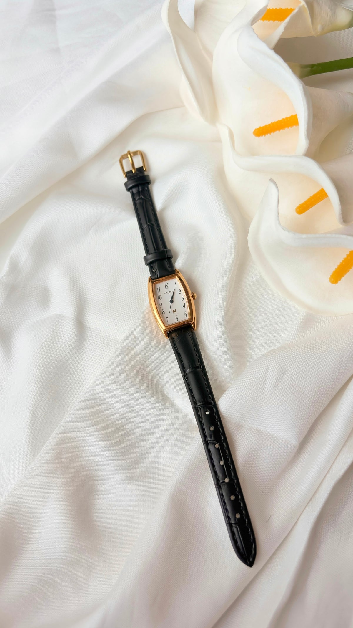 S. Noie White Oblong Dial Black Strap Watch