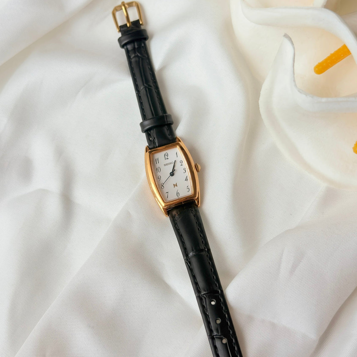 S. Noie White Oblong Dial Black Strap Watch