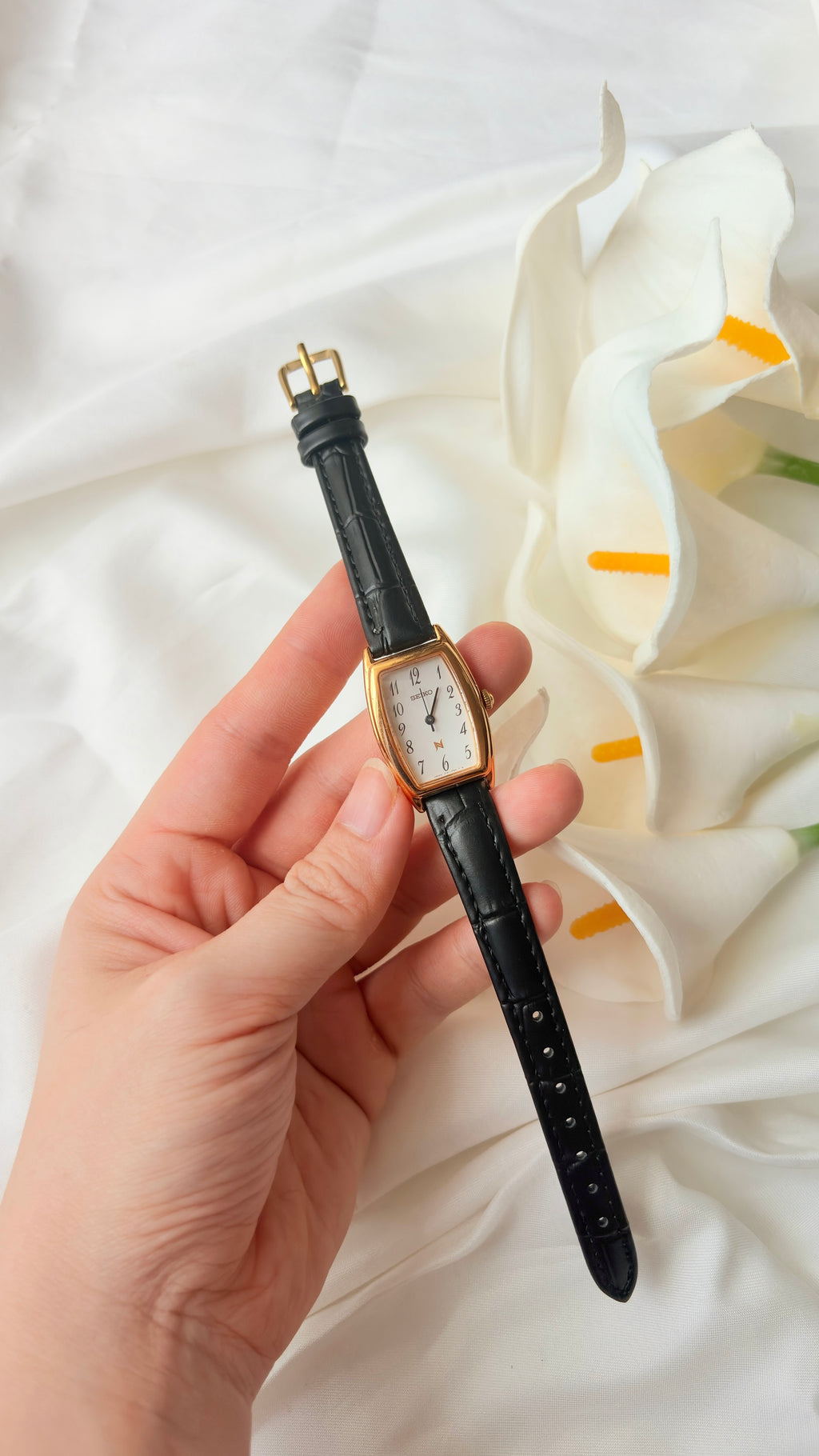 S. Noie White Oblong Dial Black Strap Watch