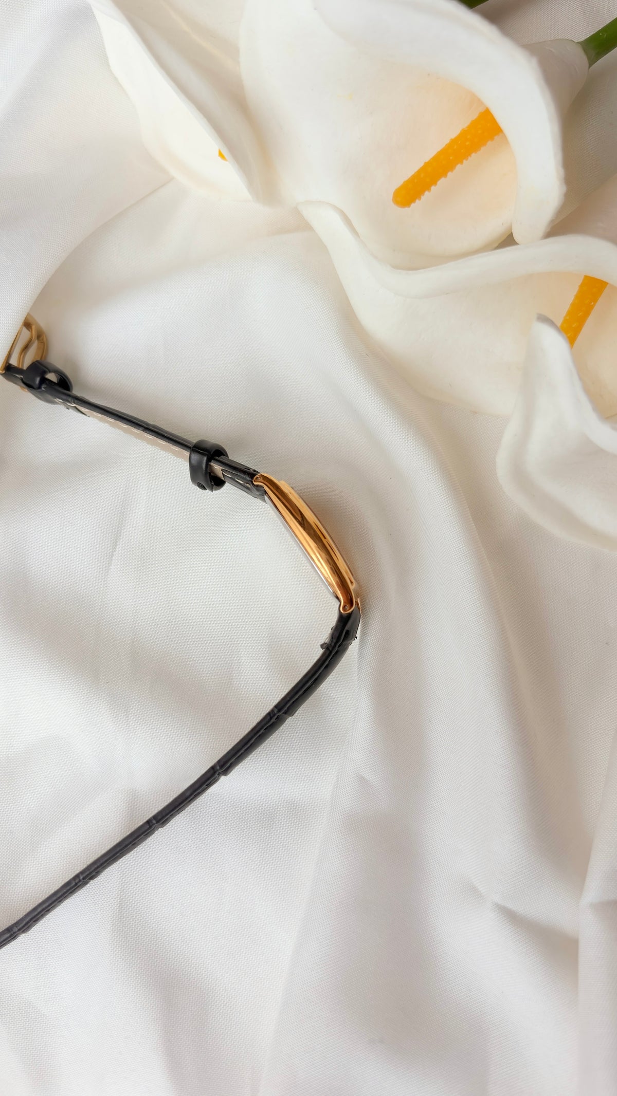 S. Noie White Oblong Dial Black Strap Watch
