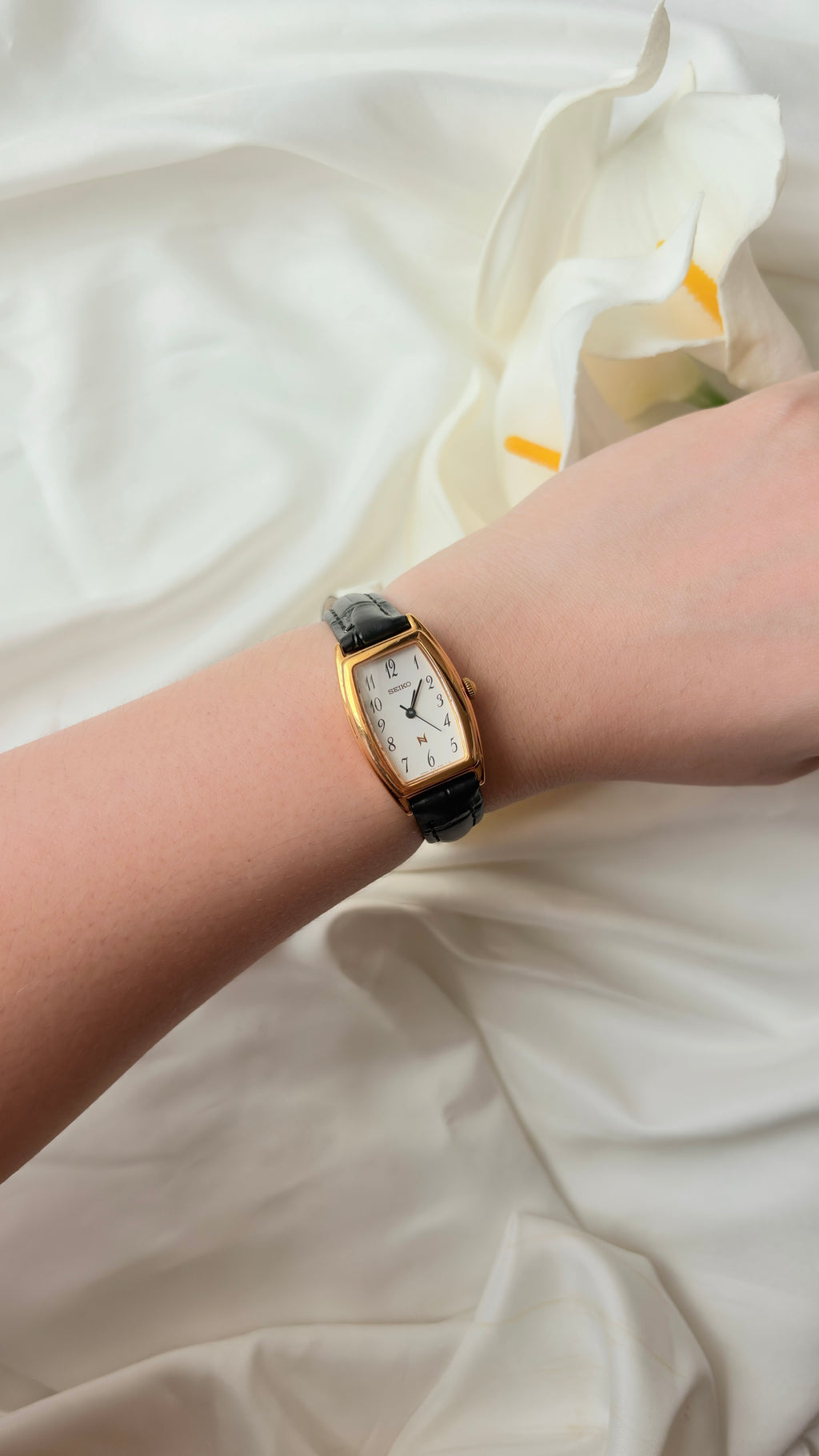 S. Noie White Oblong Dial Black Strap Watch
