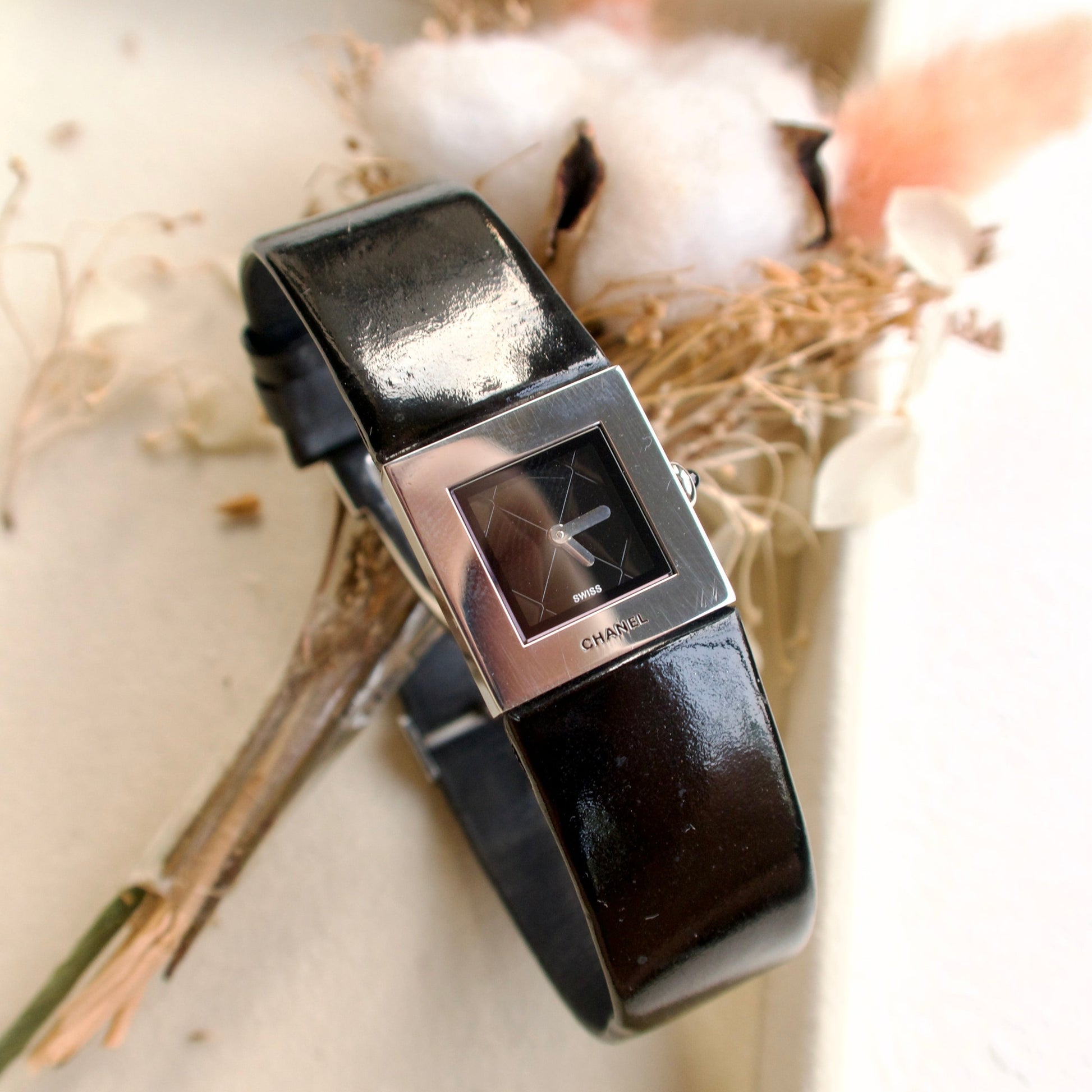 CHNL Matelasse Black Square Dial with Black Leather Strap