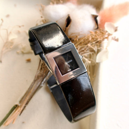 CHNL Matelasse Black Square Dial with Black Leather Strap