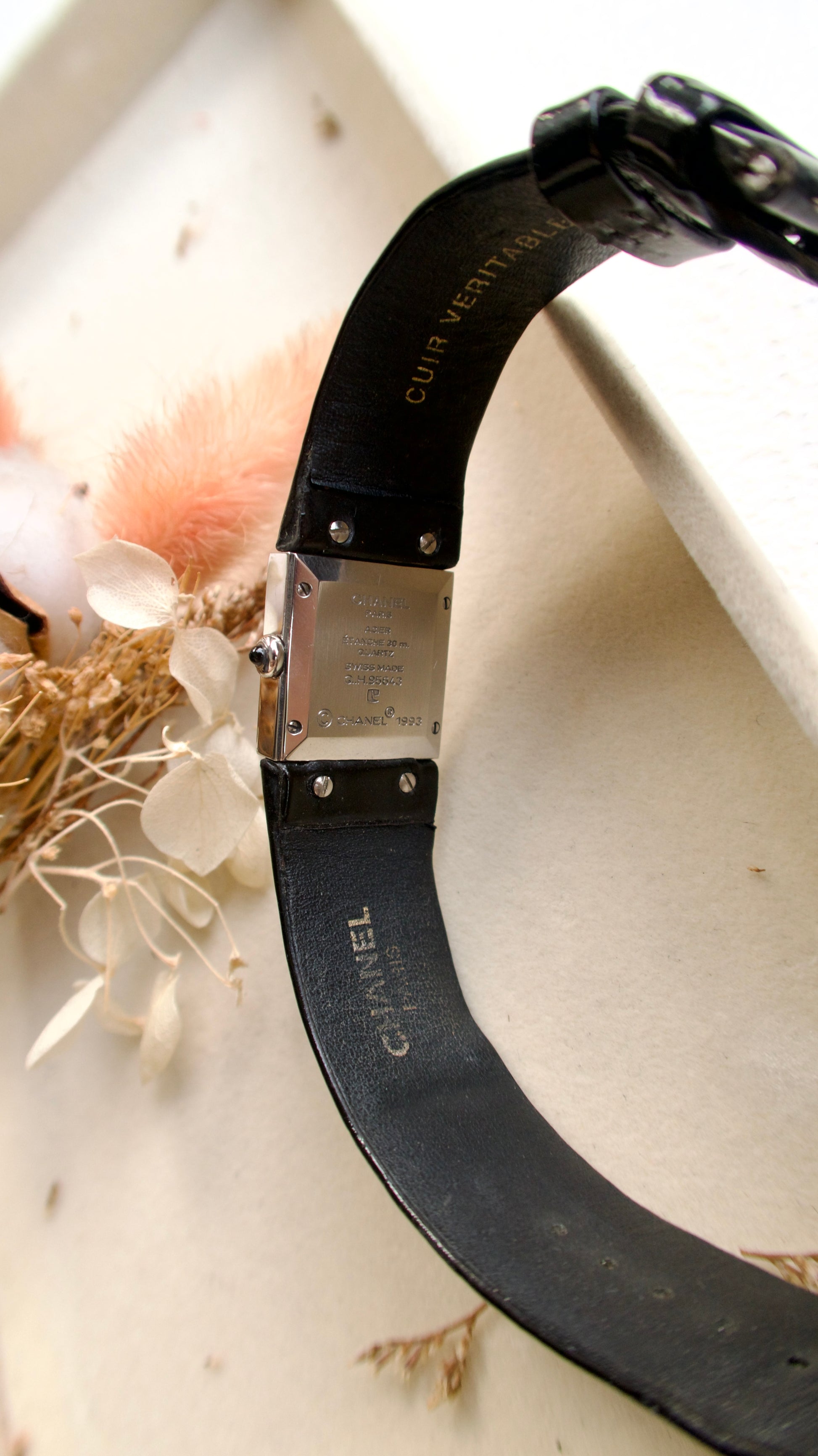 CHNL Matelasse Black Square Dial with Black Leather Strap