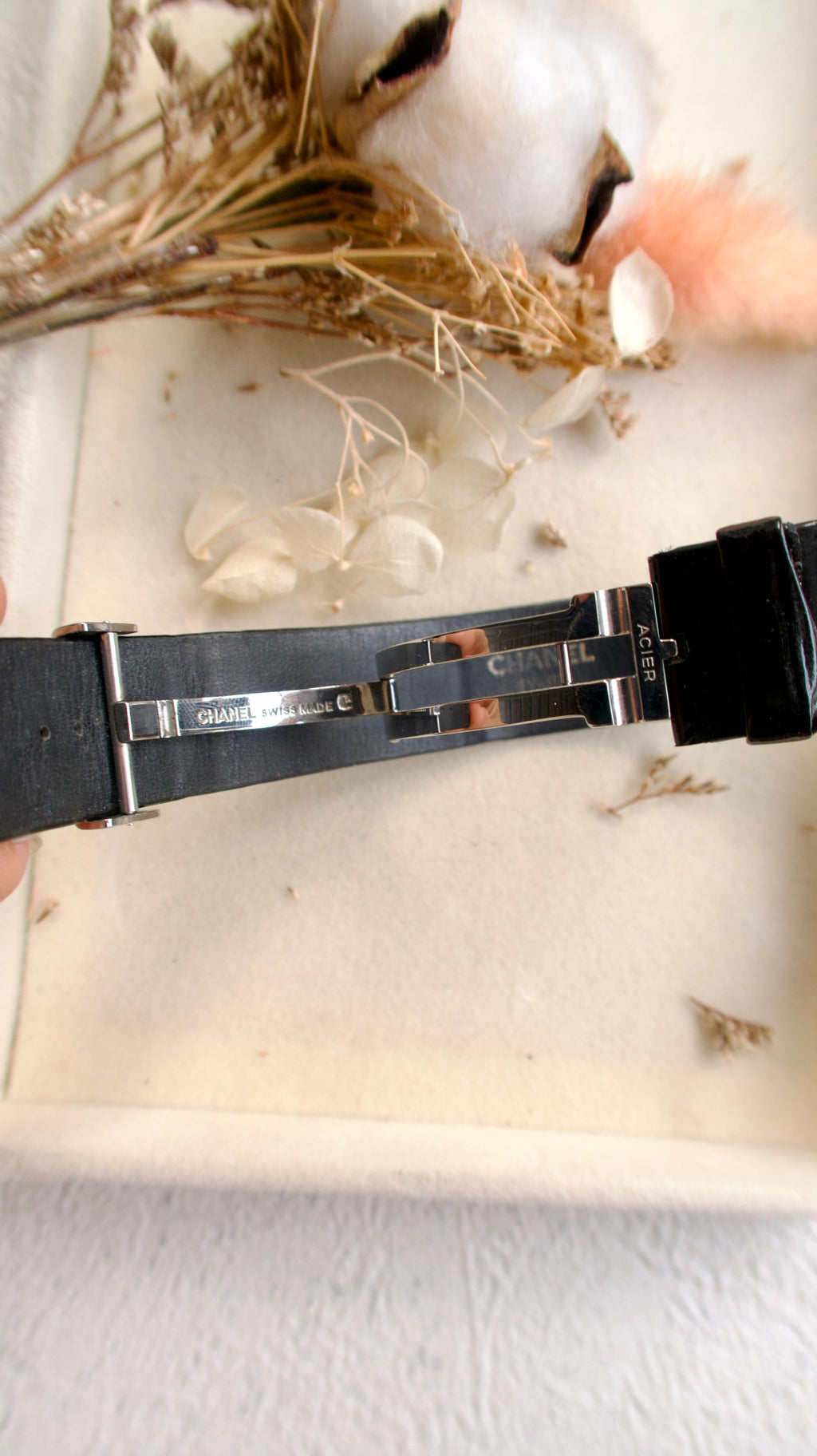 CHNL Matelasse Black Square Dial with Black Leather Strap