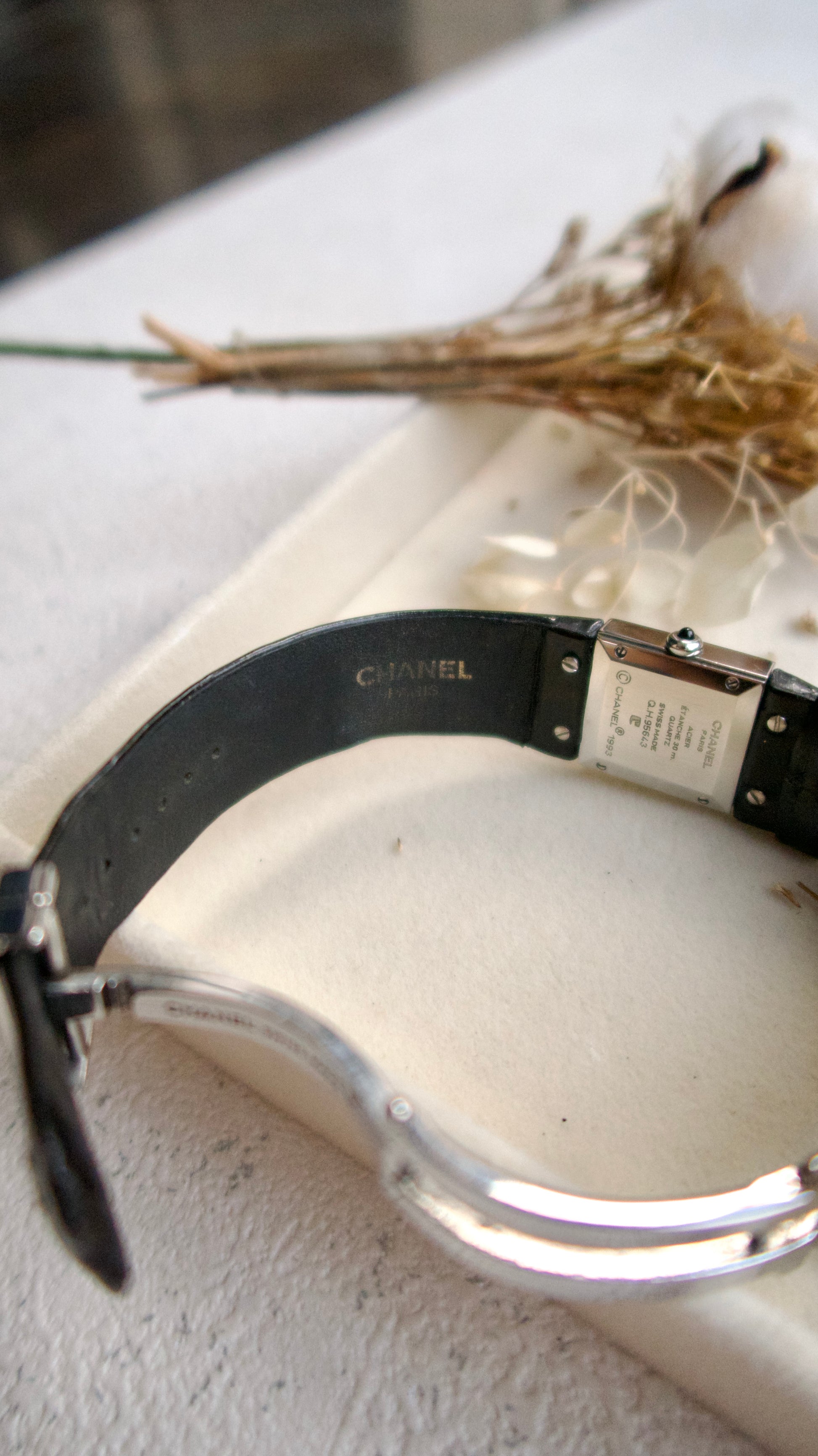 CHNL Matelasse Black Square Dial with Black Leather Strap