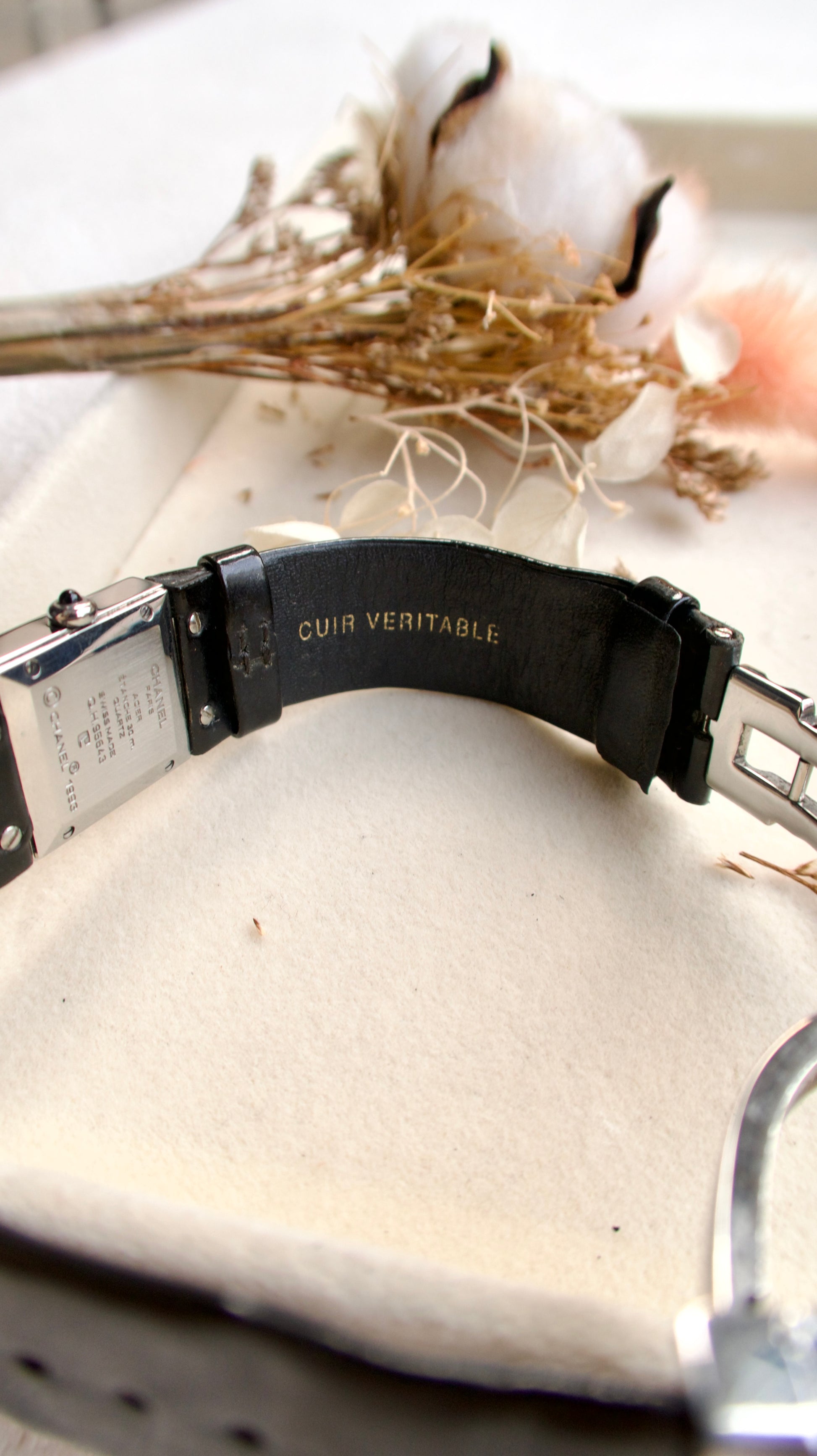 CHNL Matelasse Black Square Dial with Black Leather Strap