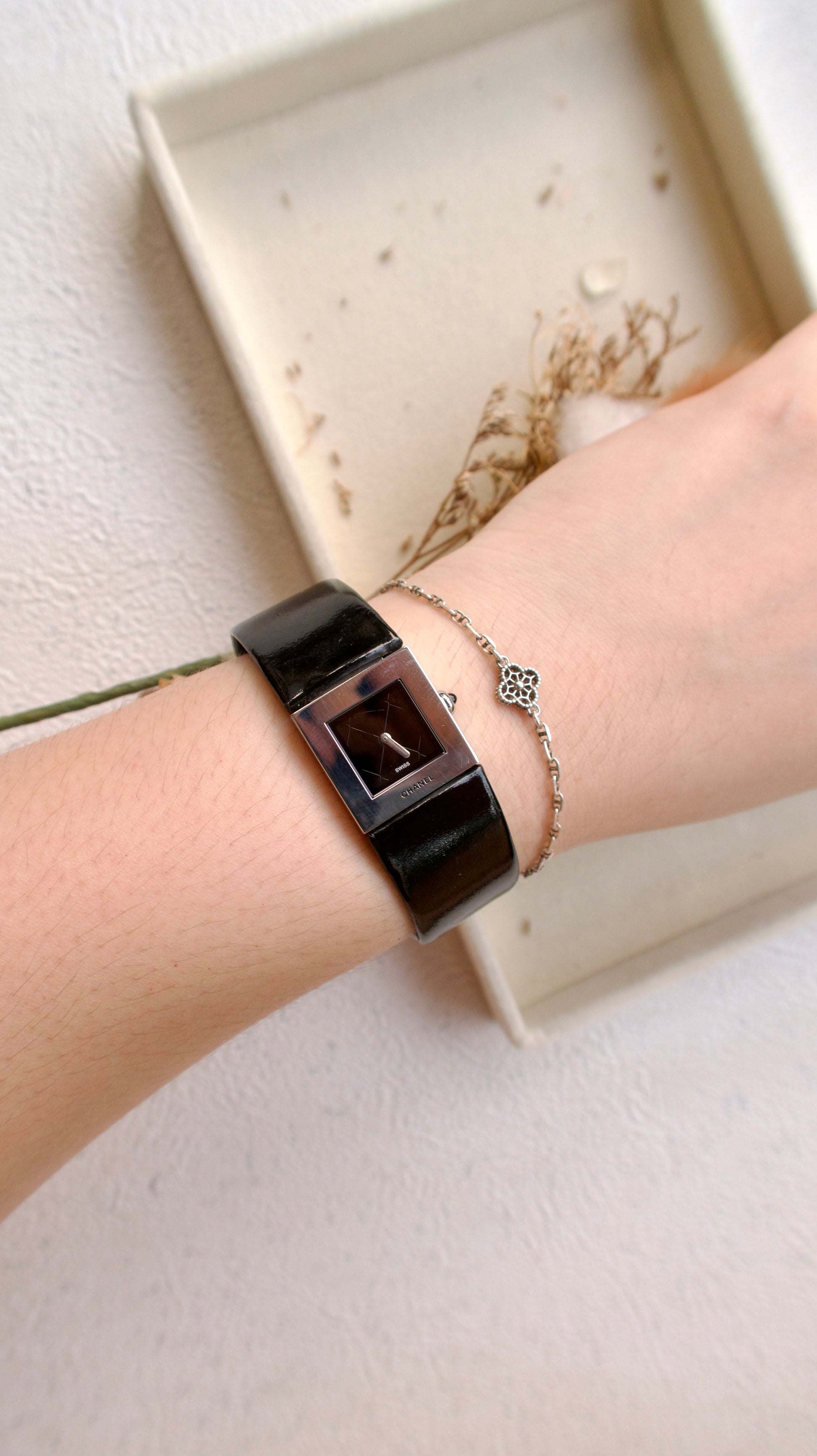 CHNL Matelasse Black Square Dial with Black Leather Strap
