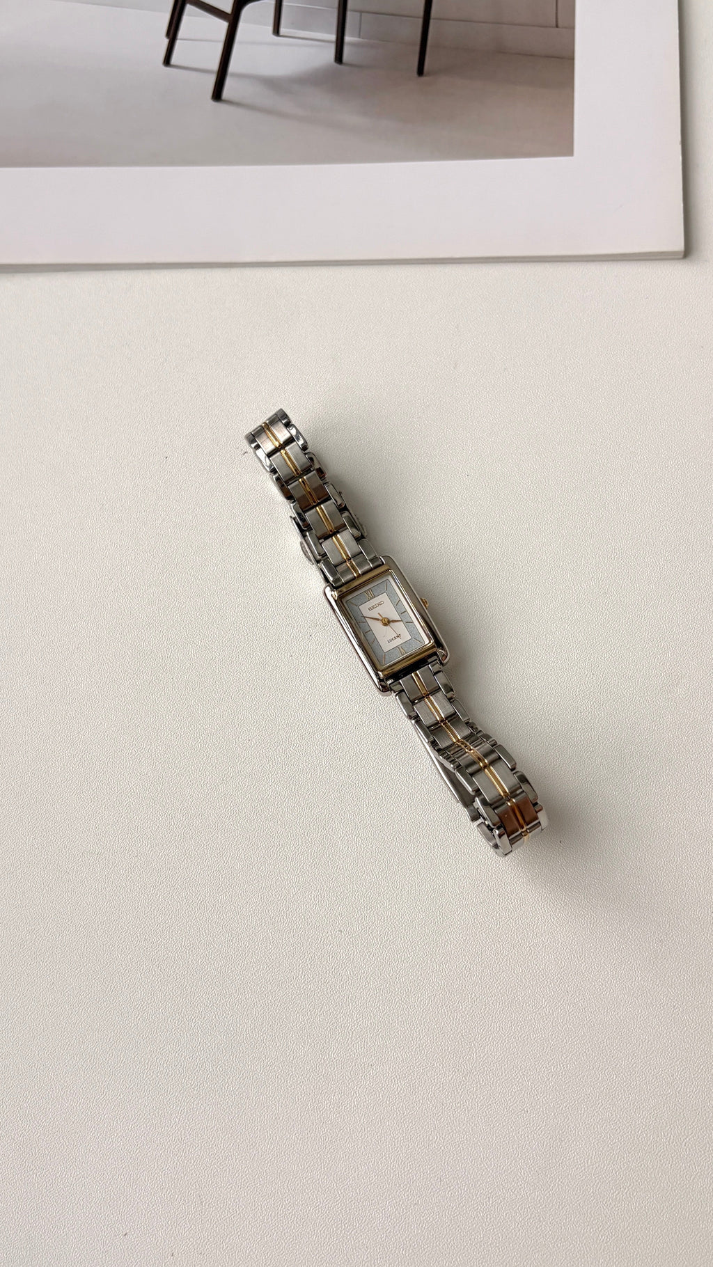 S. Lucent White & Blue Rect Dial Two Tone Chain Watch