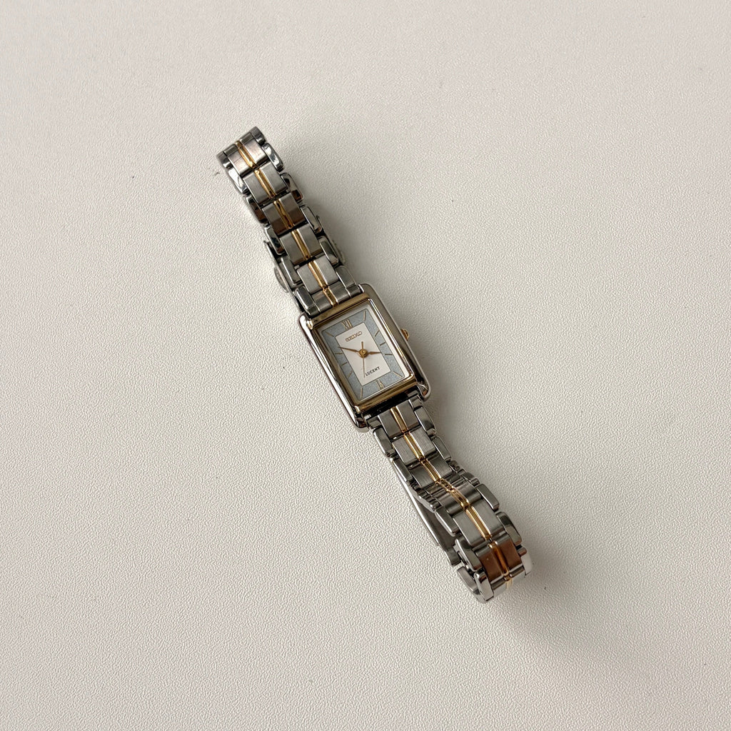 S. Lucent White & Blue Rect Dial Two Tone Chain Watch