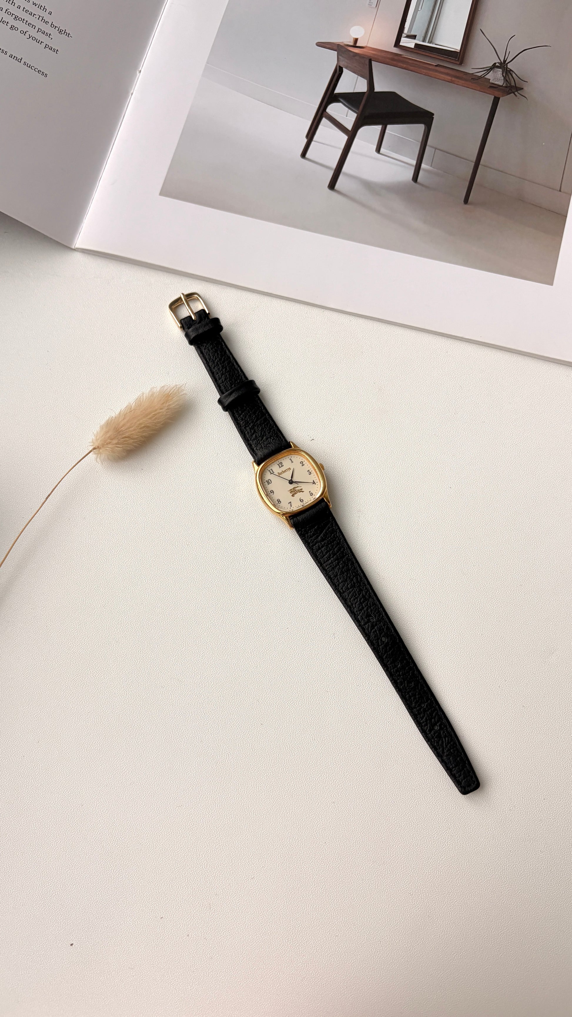 BRBY. Beige Numeric Square Dial Black Strap Watch