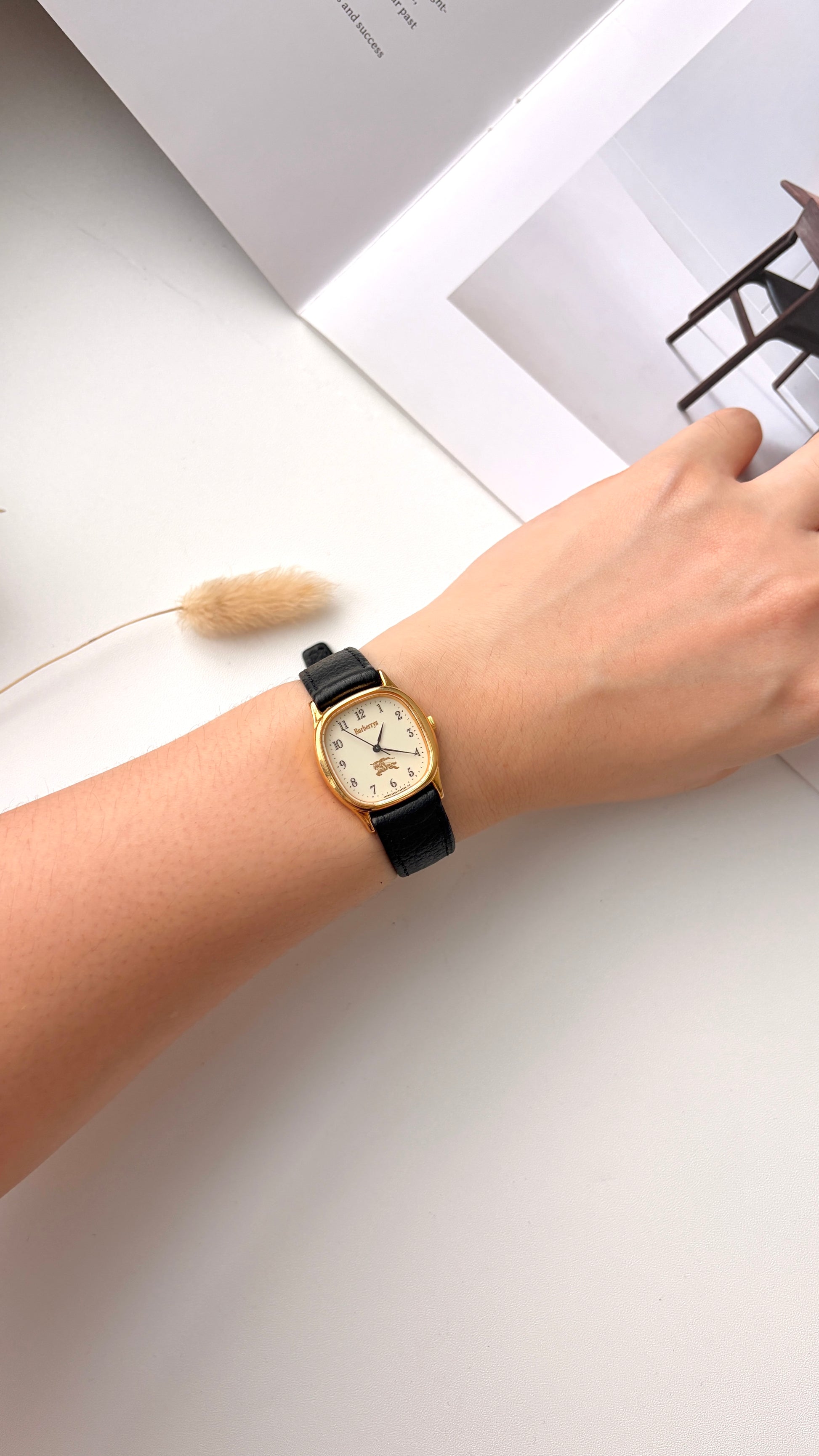 BRBY. Beige Numeric Square Dial Black Strap Watch