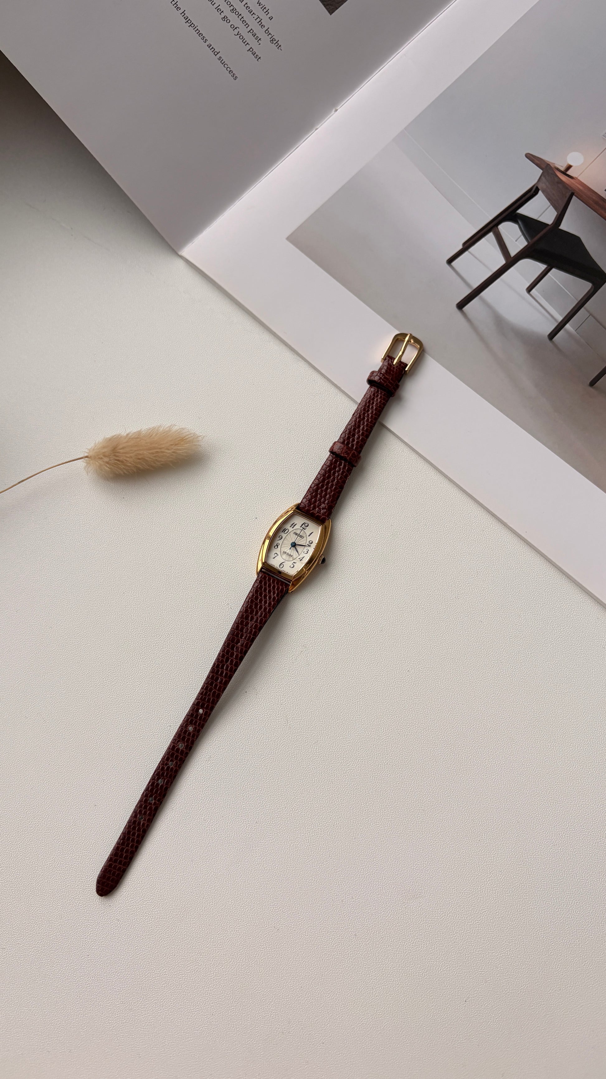 S. Exceline White Oblong Dial Brown Strap Watch