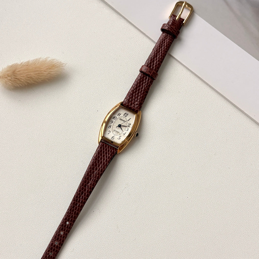 S. Exceline White Oblong Dial Brown Strap Watch