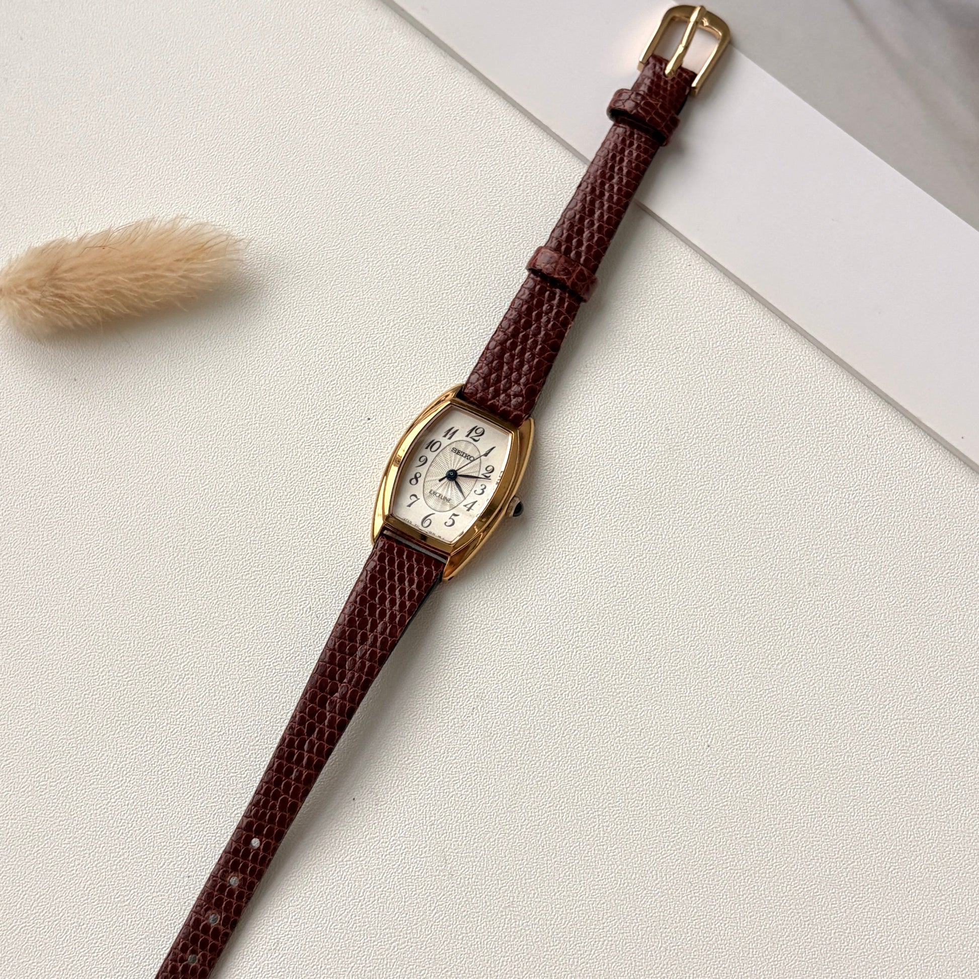 S. Exceline White Oblong Dial Brown Strap Watch
