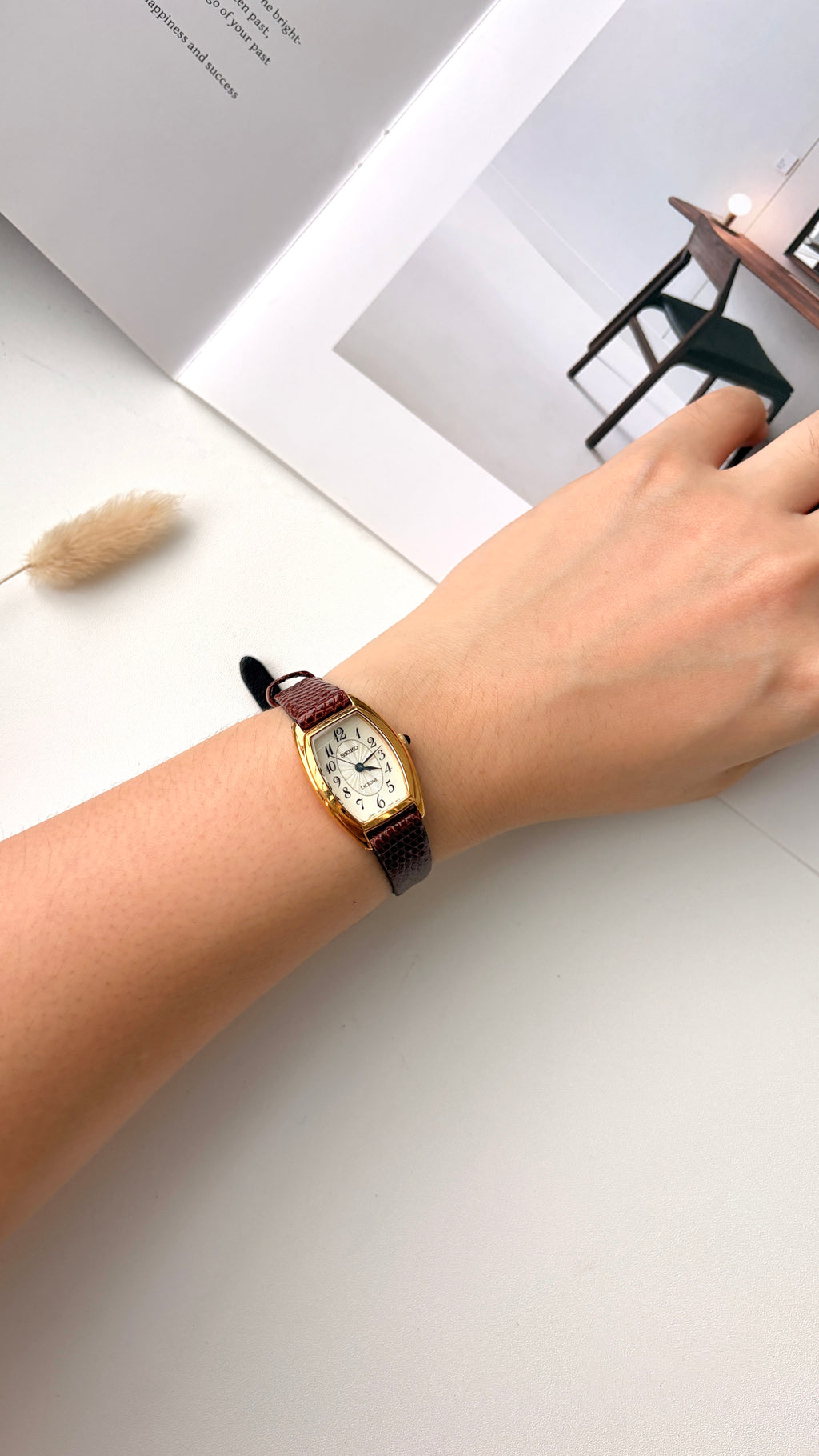 S. Exceline White Oblong Dial Brown Strap Watch