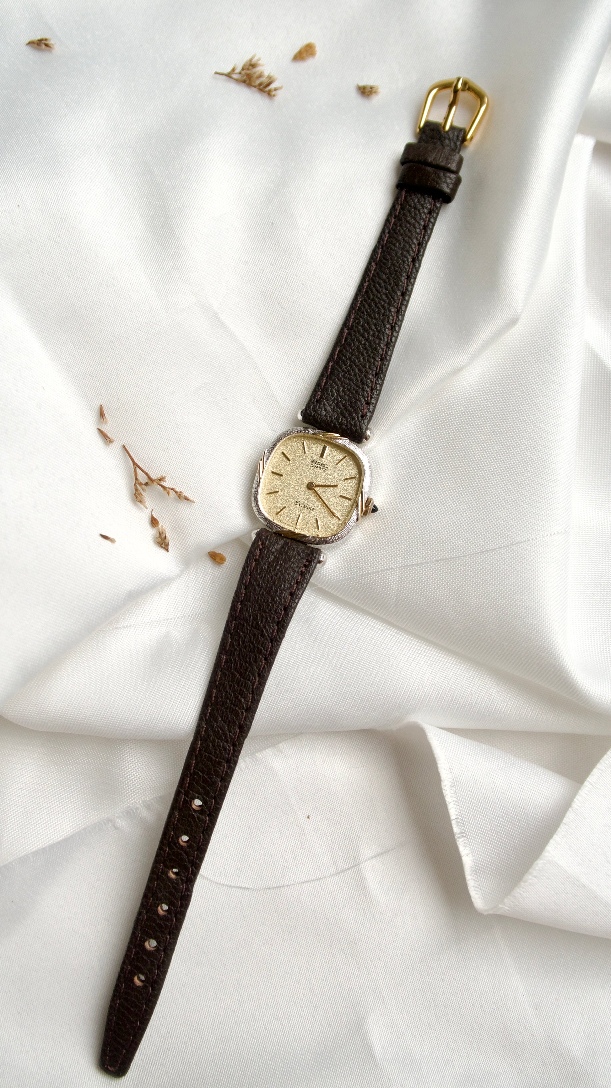 S. Exceline Square Beige Glitter Dial with Brown Strap