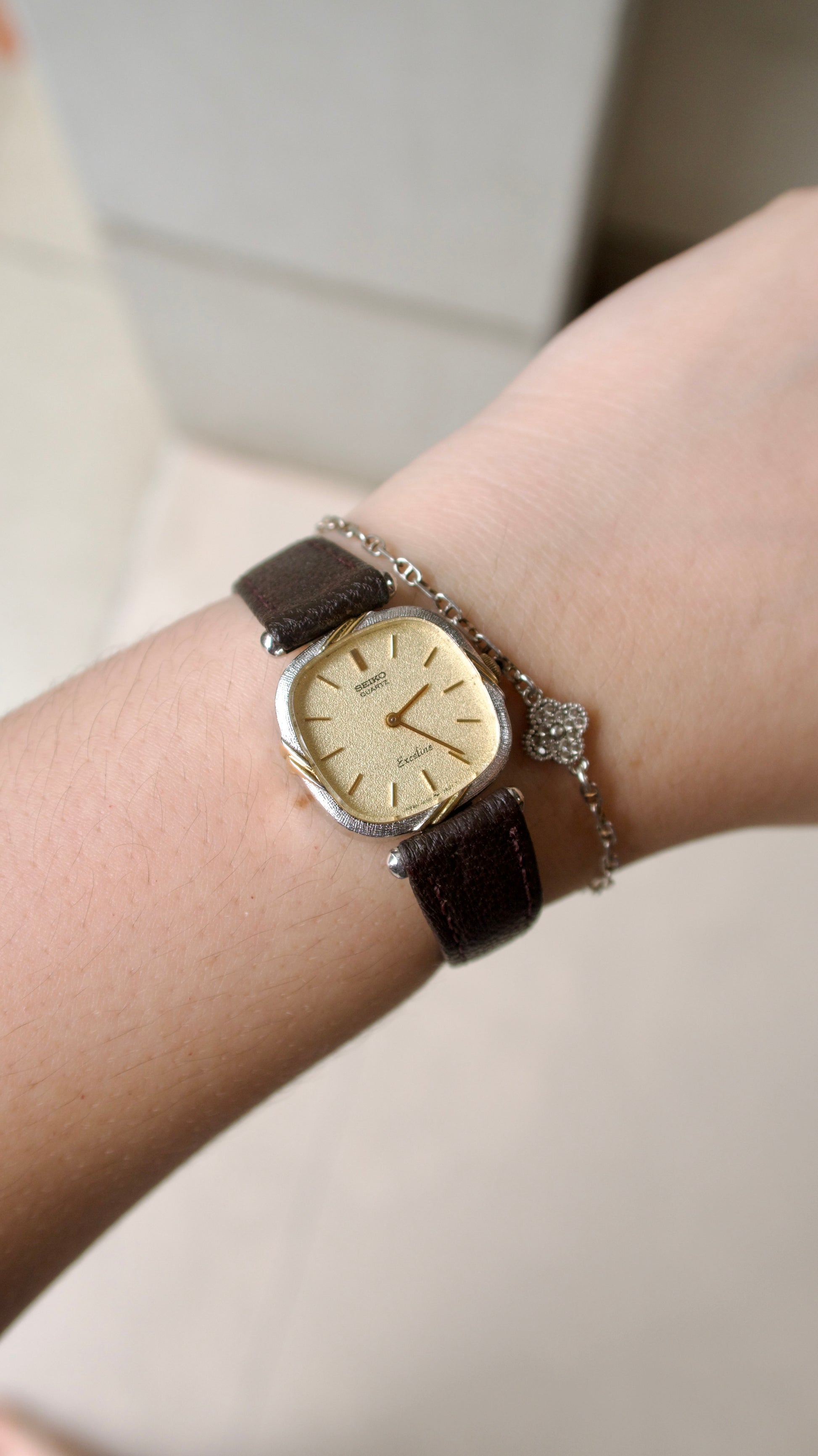 S. Exceline Square Beige Glitter Dial with Brown Strap