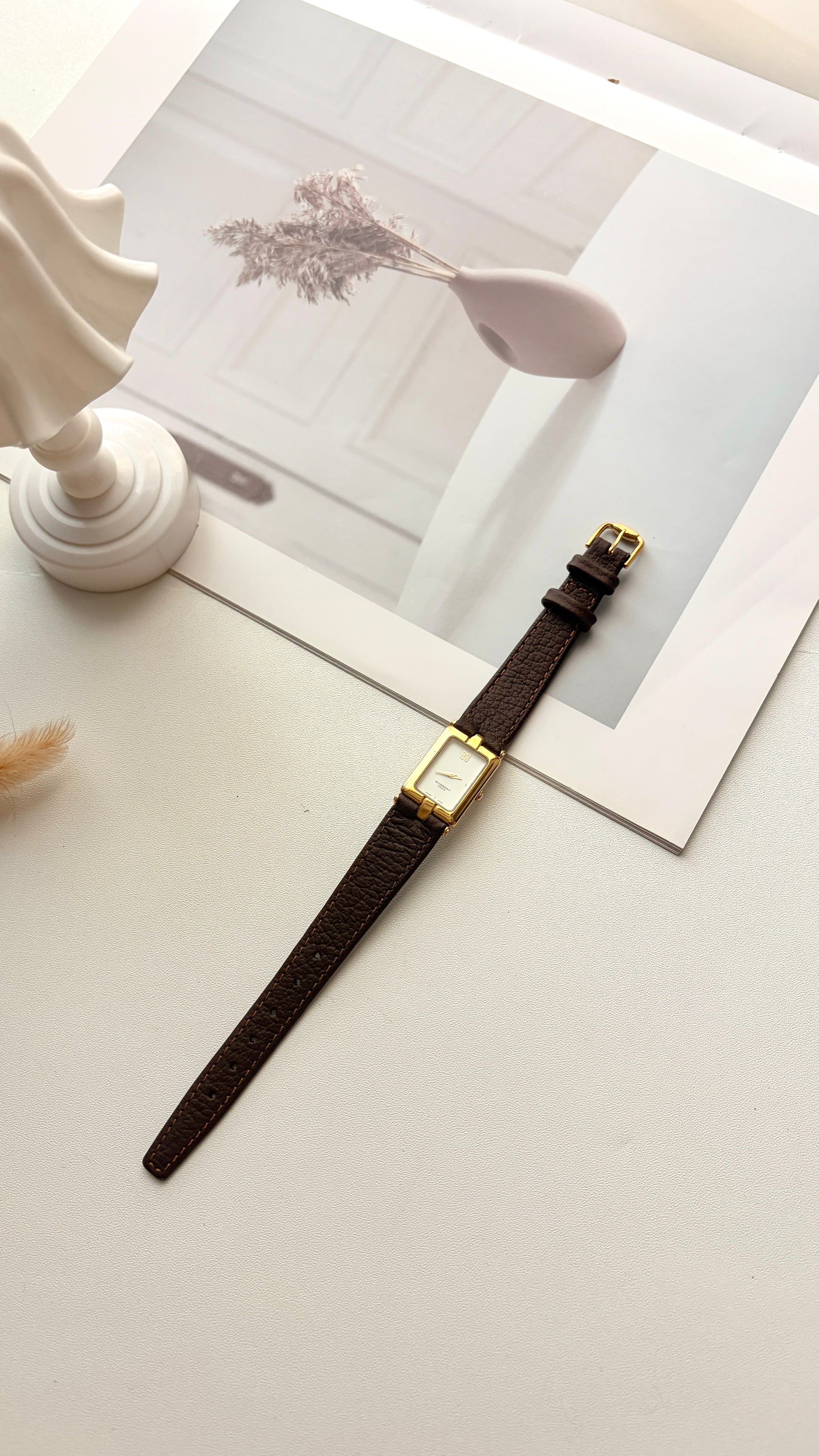 GV White Rectangular Dial Dark Brown Strap Watch