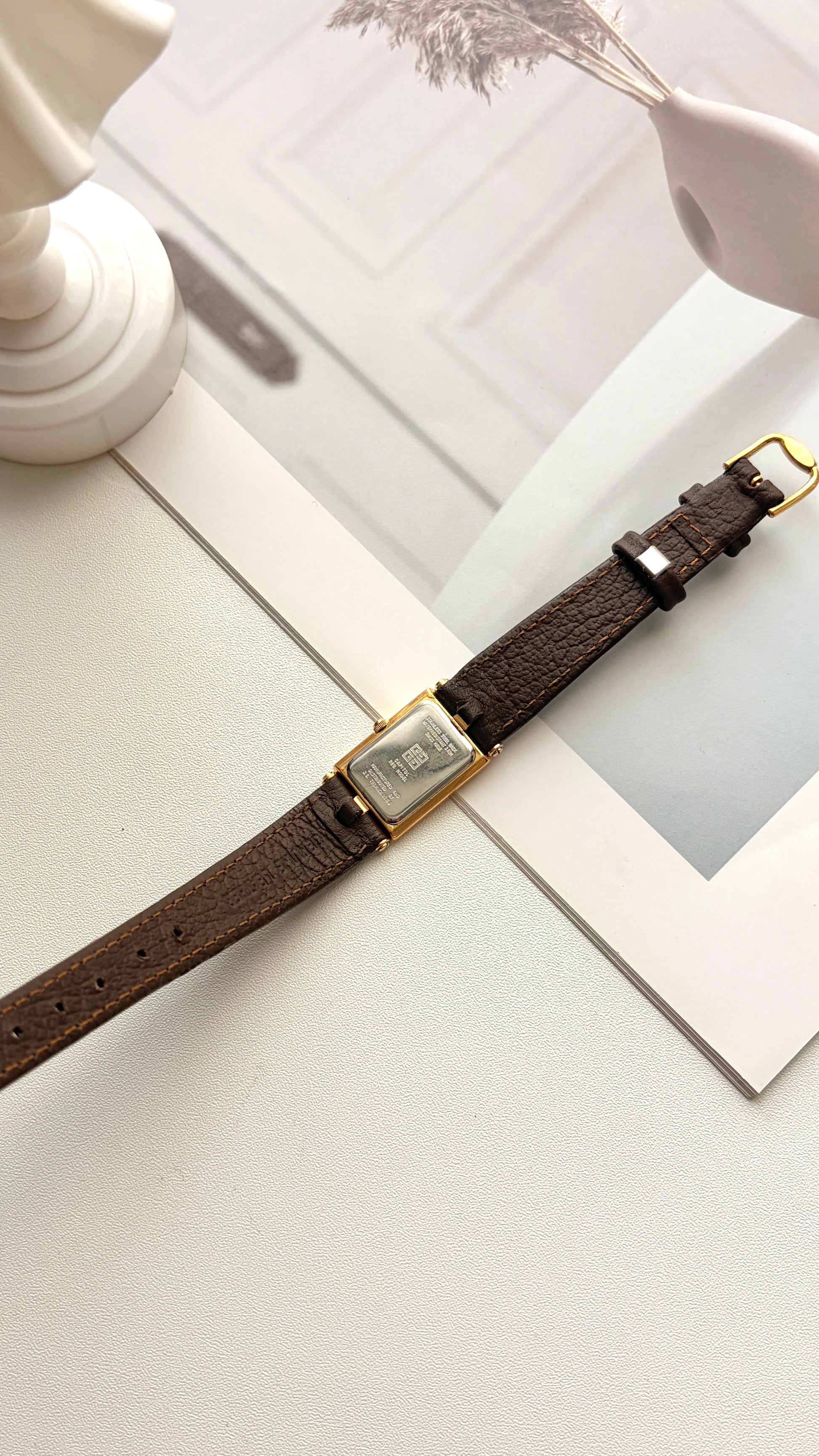GV White Rectangular Dial Dark Brown Strap Watch
