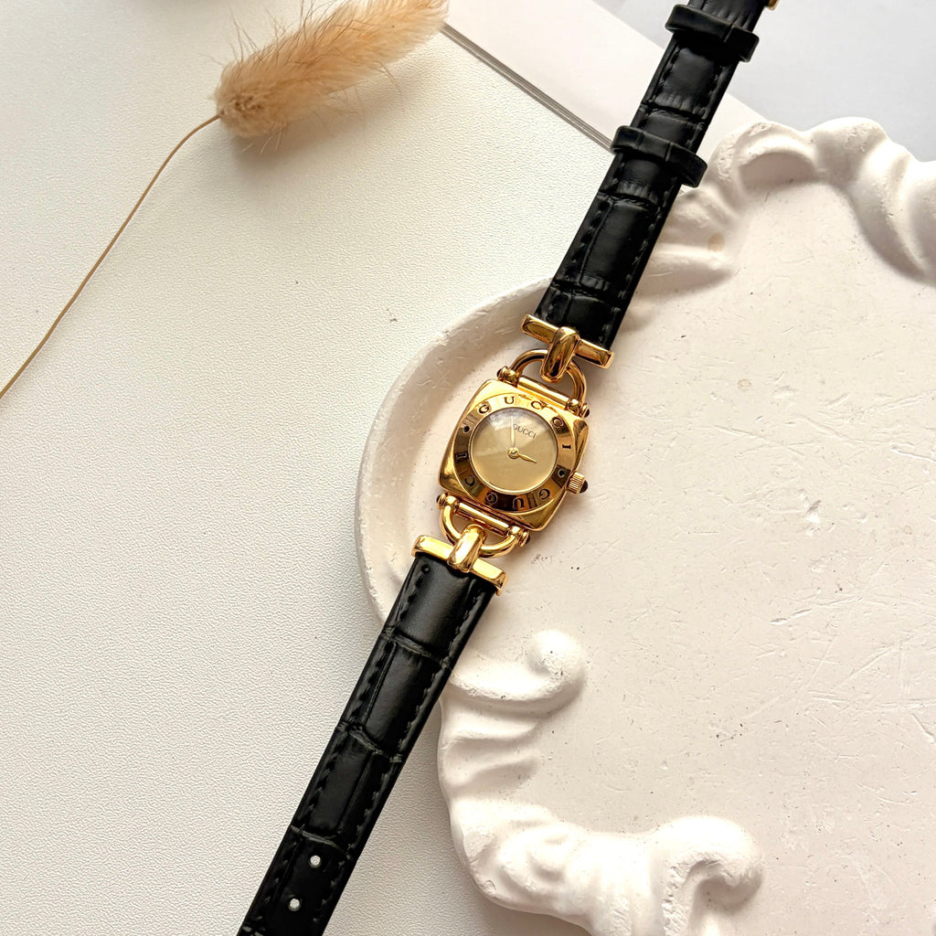 Gc. Horsebit 6300L Gold Dial Black Strap Watch