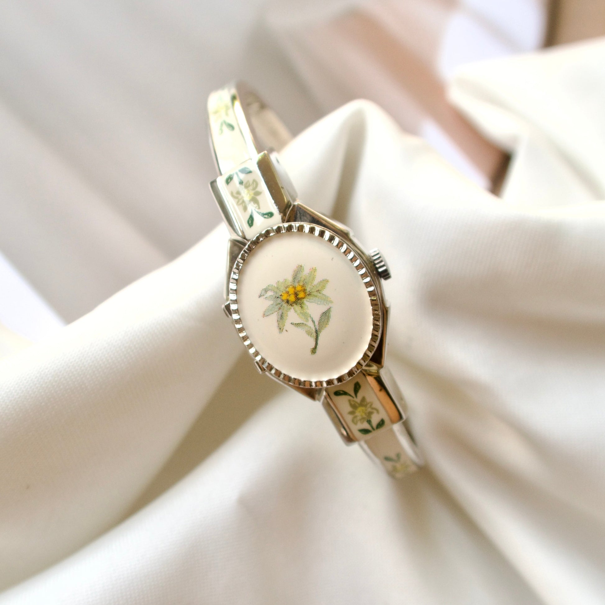 A.M. Silver Bangle with Green Flower Watch