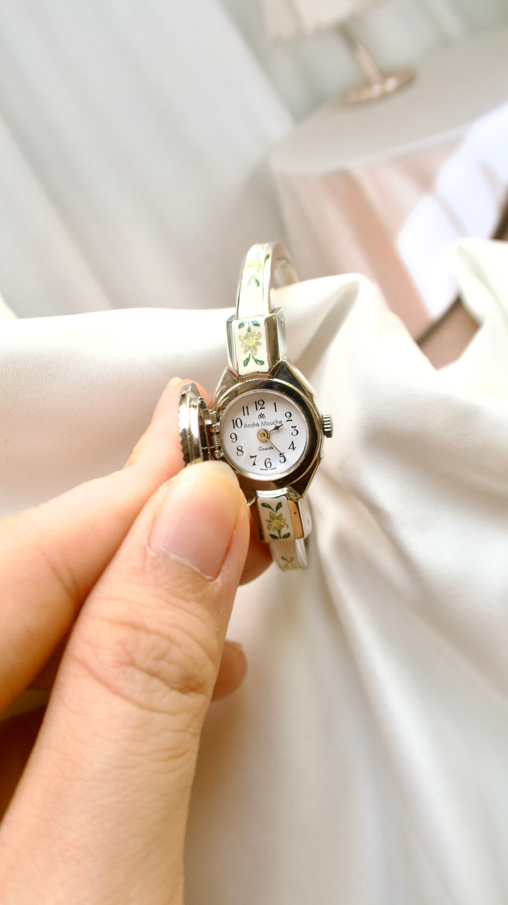 A.M. Silver Bangle with Green Flower Watch