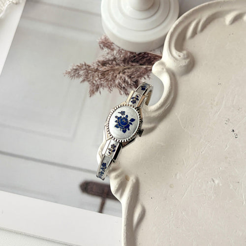 AM. Blue Flower Pattern Silver Bangle Watch