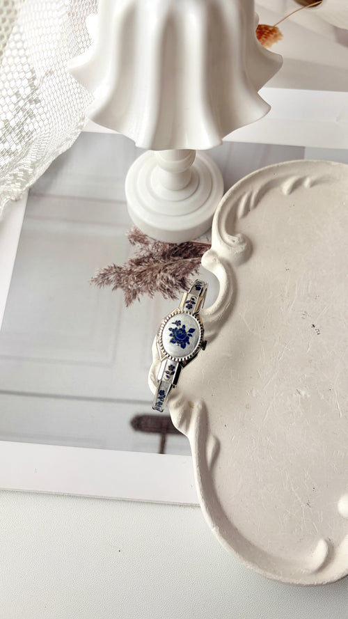 AM. Blue Flower Pattern Silver Bangle Watch