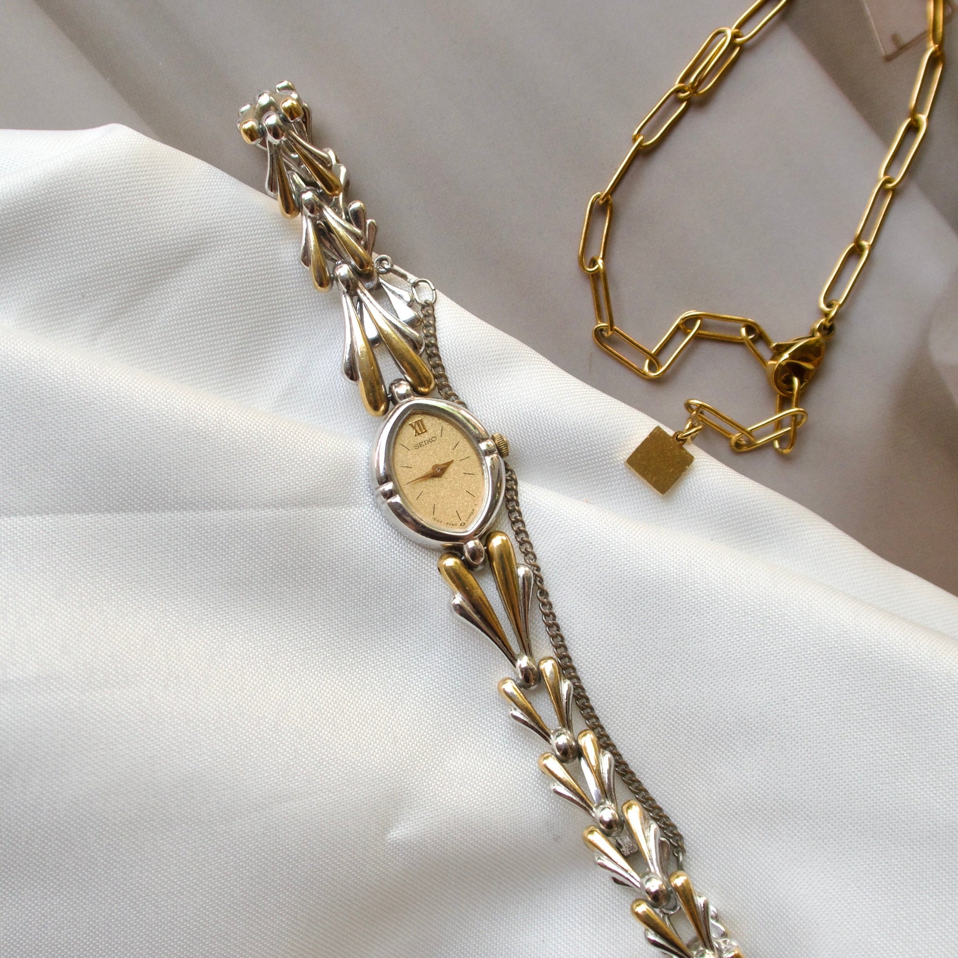 S. Diamond Shaped Gold Dial with Two Tone Chain Watch