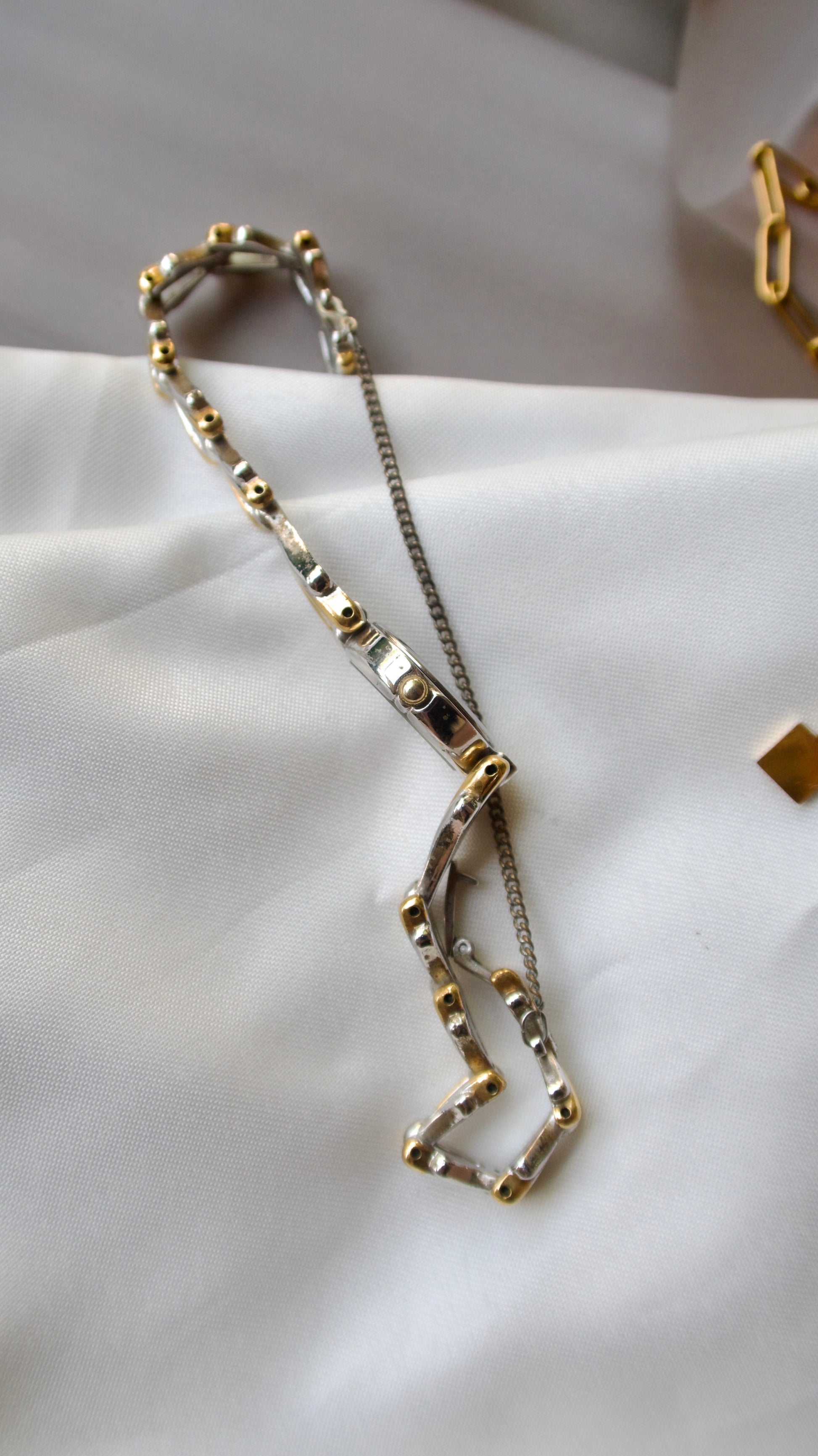 S. Diamond Shaped Gold Dial with Two Tone Chain Watch