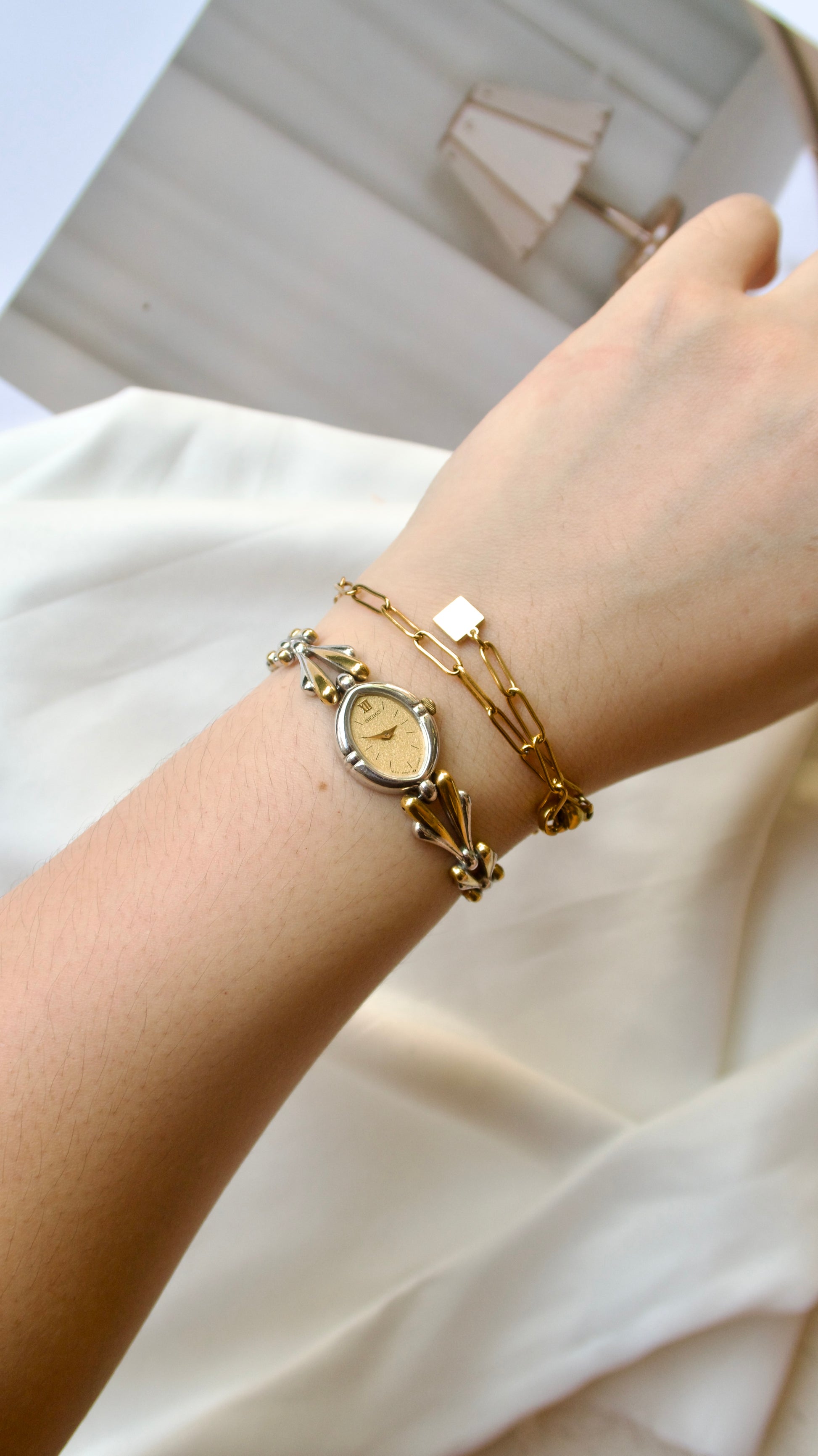 S. Diamond Shaped Gold Dial with Two Tone Chain Watch