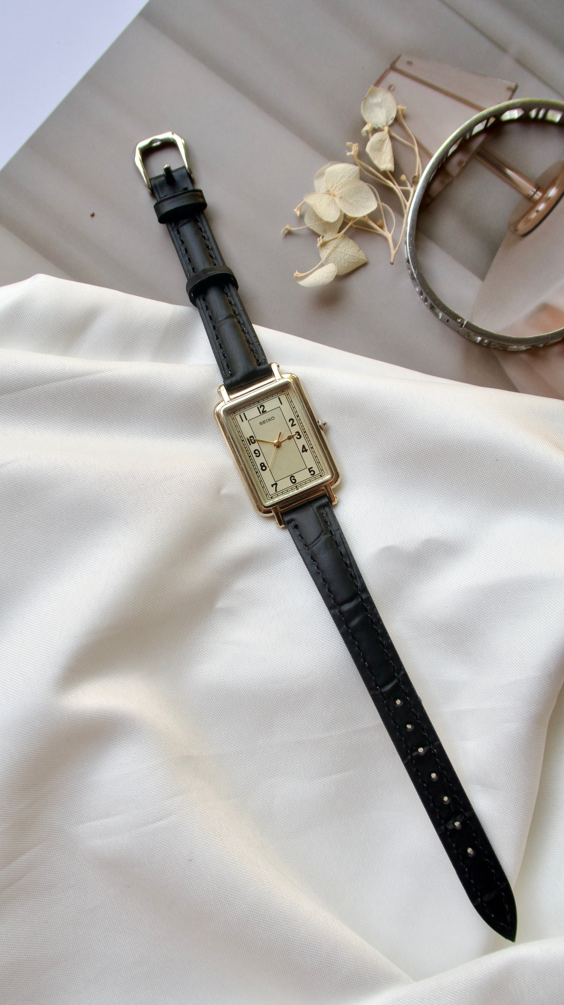 S. Square Gold Dial with Black Leather Strap Watch