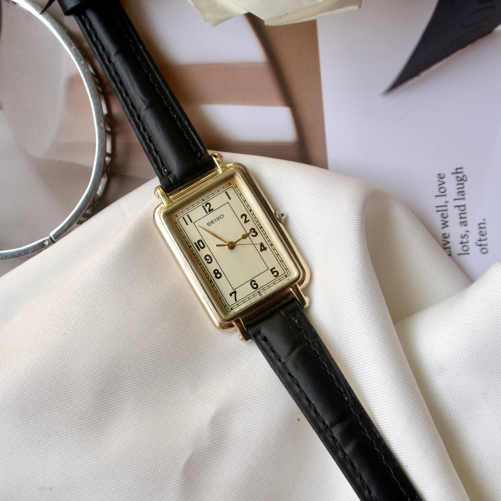 S. Square Gold Dial with Black Leather Strap Watch