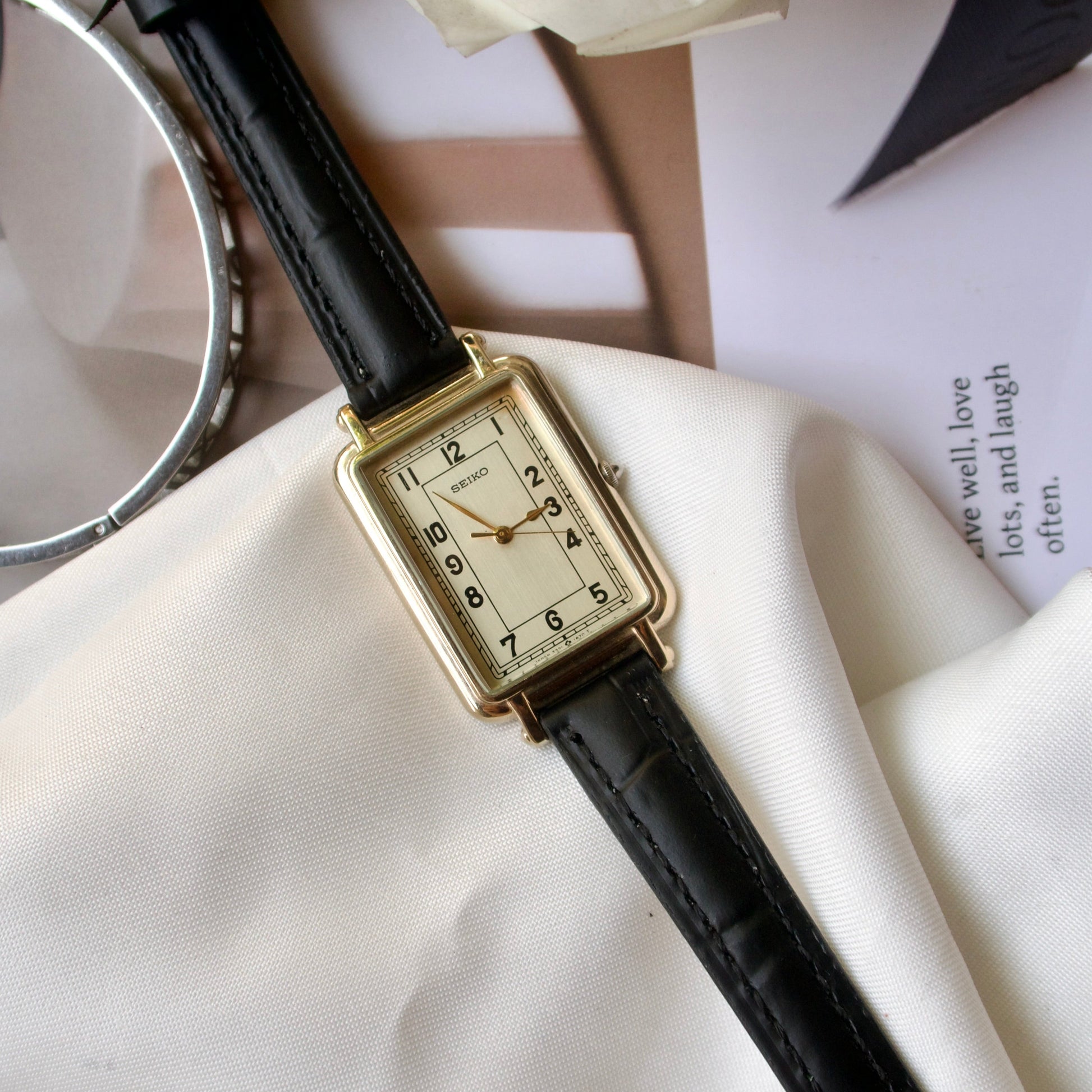 S. Square Gold Dial with Black Leather Strap Watch