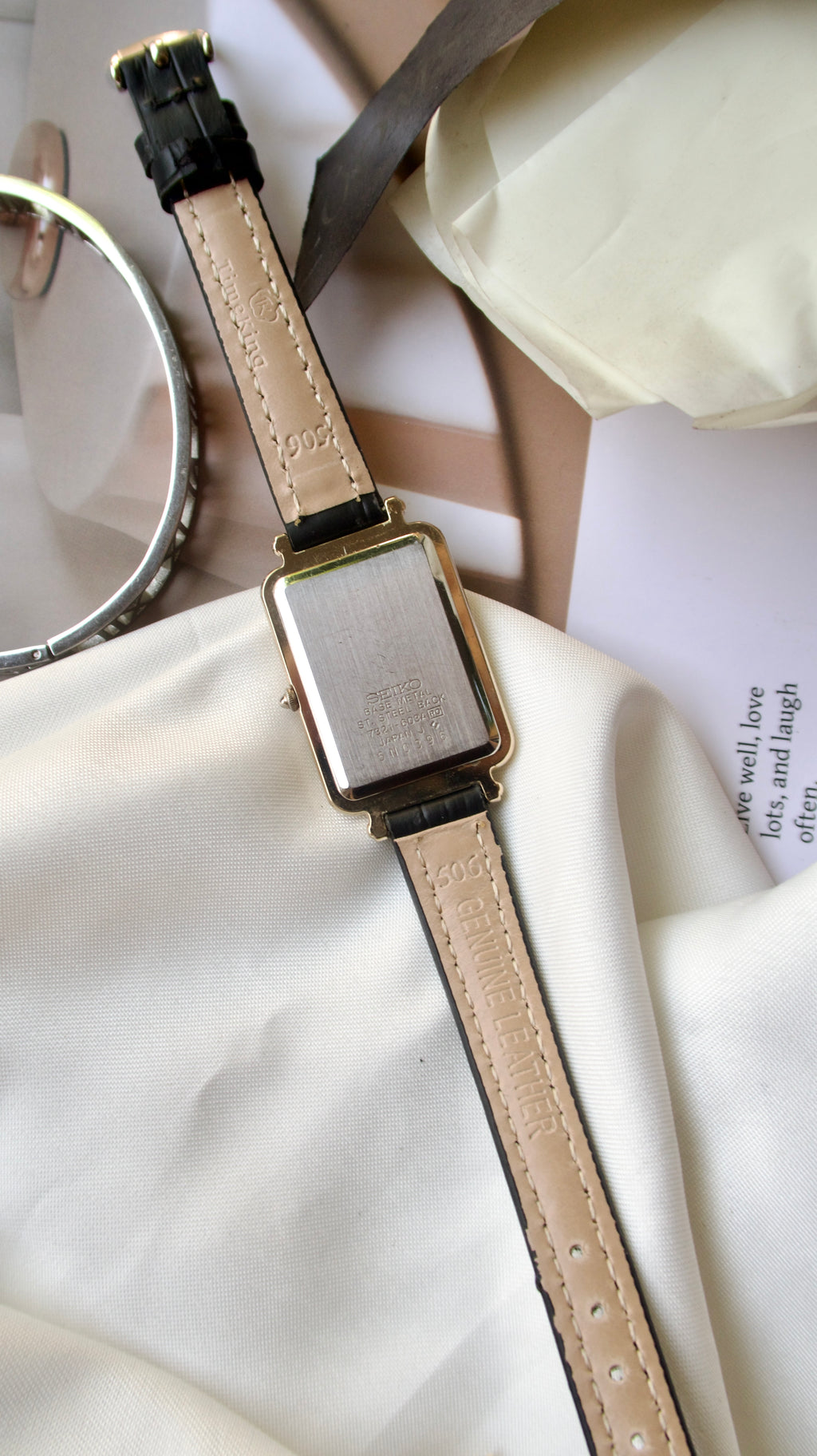 S. Square Gold Dial with Black Leather Strap Watch