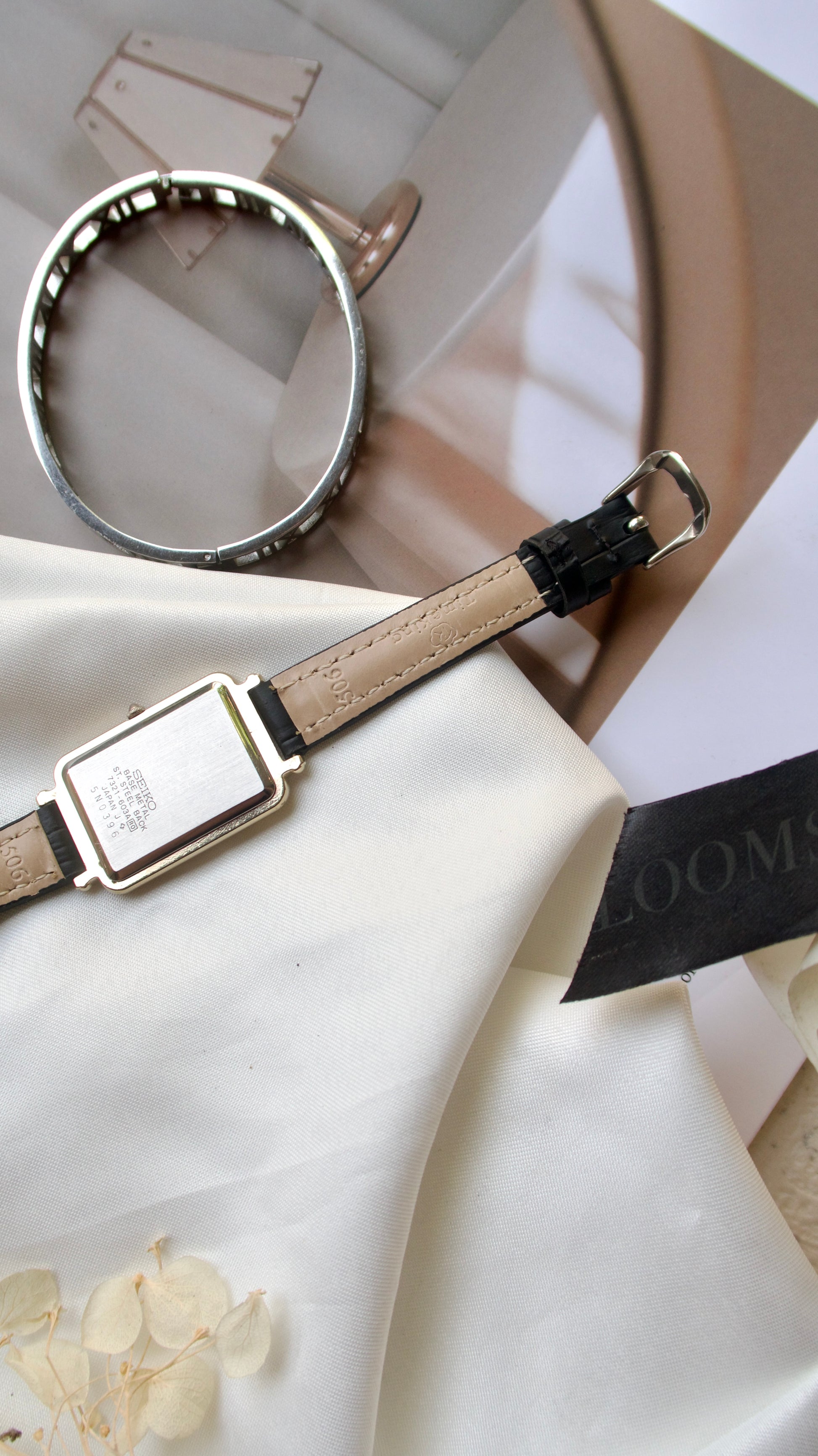 S. Square Gold Dial with Black Leather Strap Watch