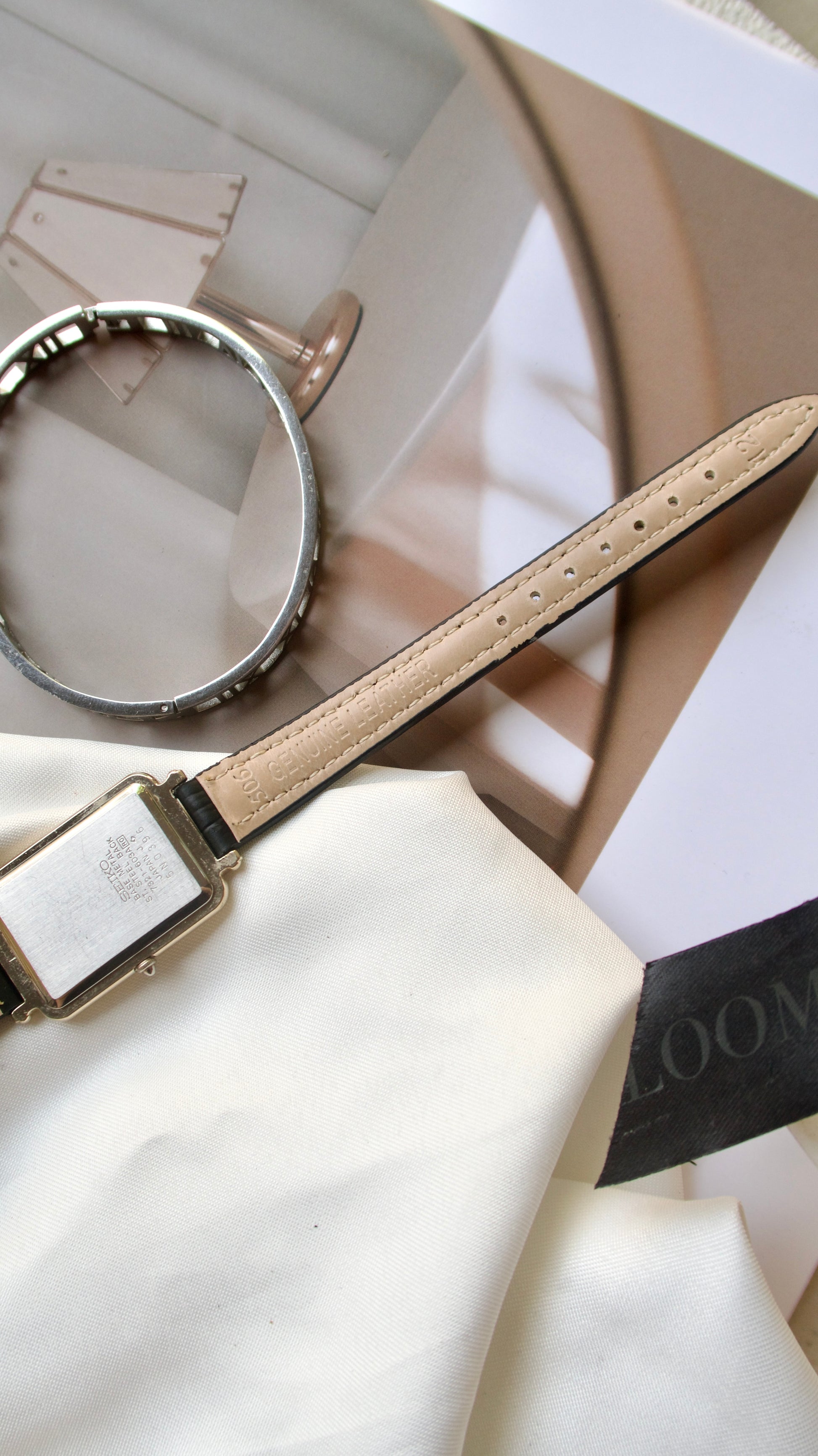 S. Square Gold Dial with Black Leather Strap Watch