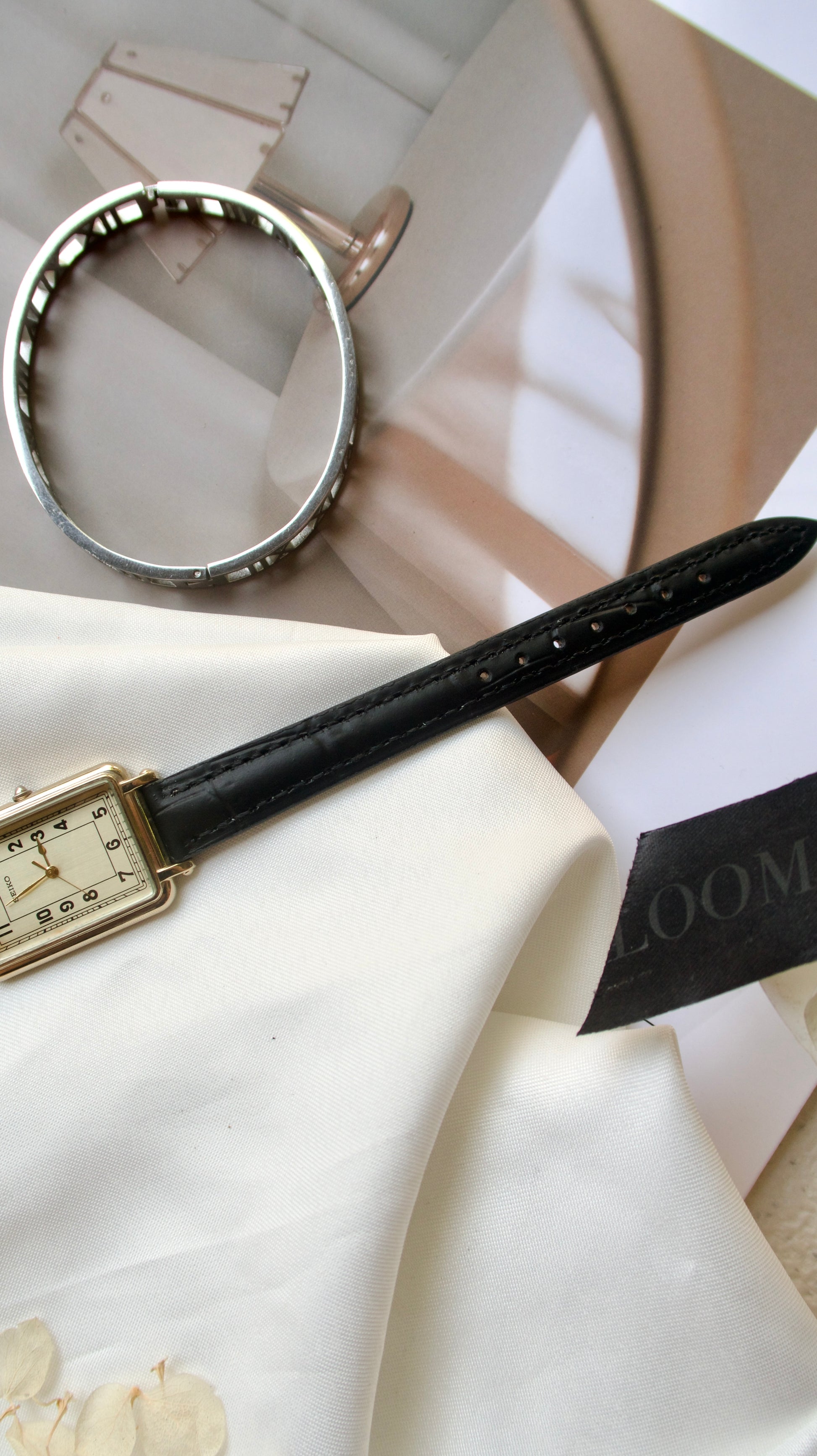 S. Square Gold Dial with Black Leather Strap Watch