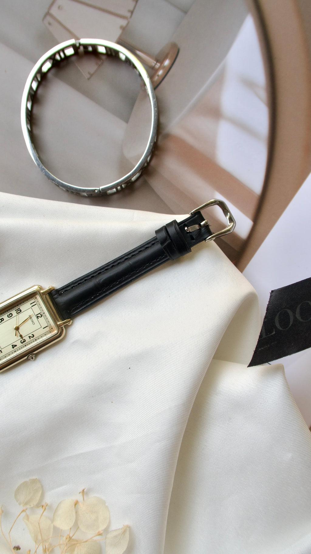 S. Square Gold Dial with Black Leather Strap Watch