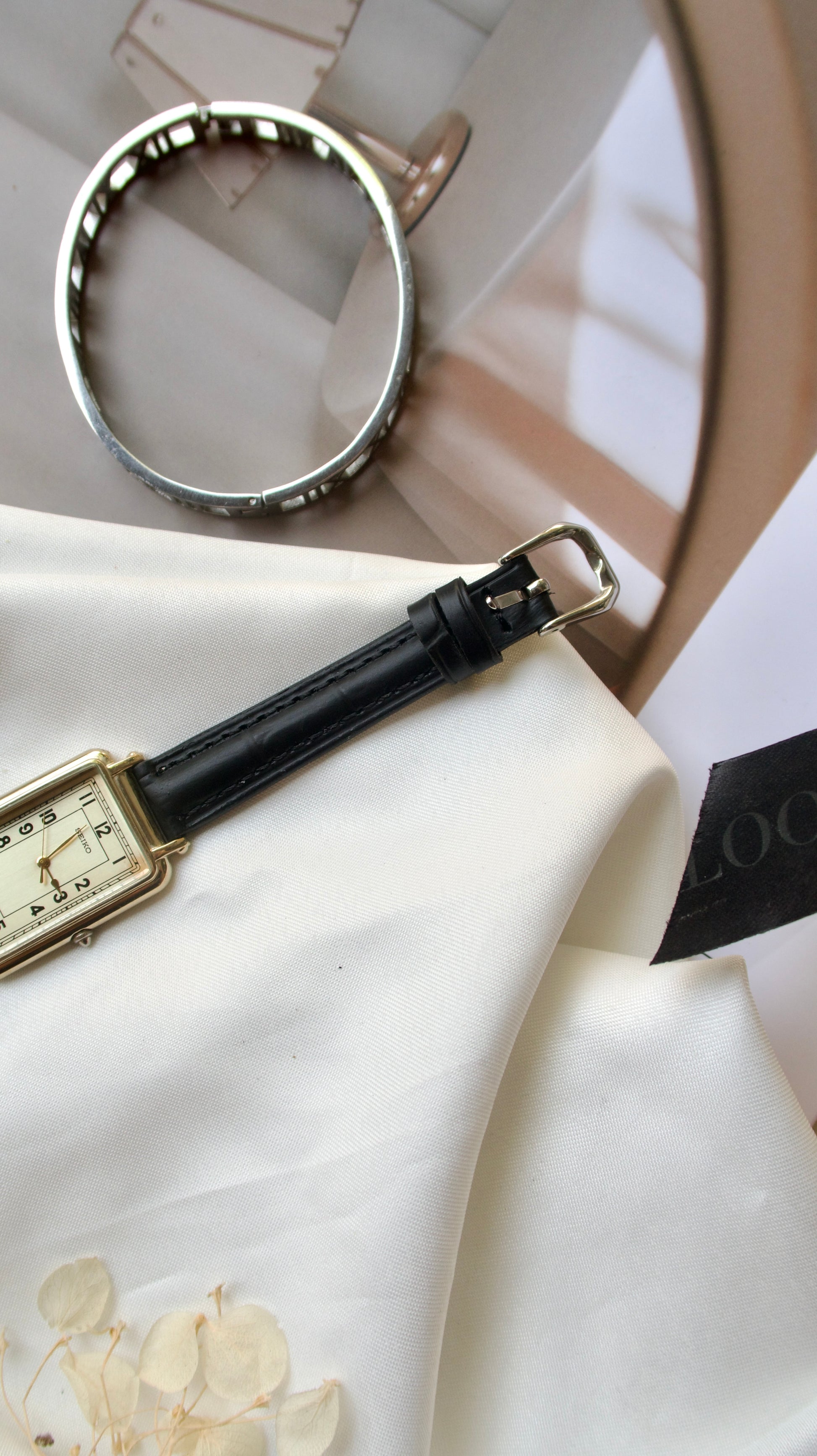 S. Square Gold Dial with Black Leather Strap Watch
