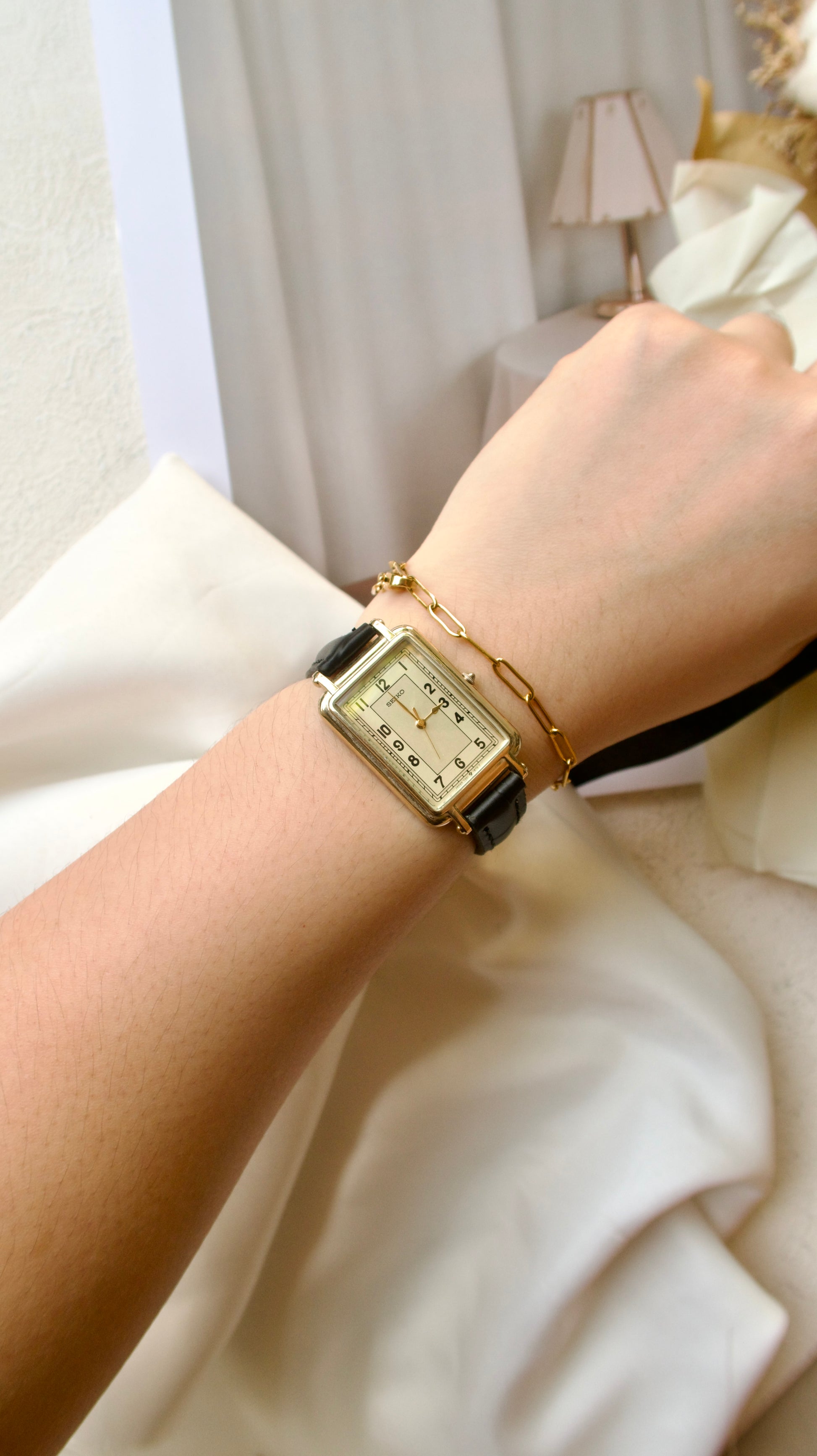S. Square Gold Dial with Black Leather Strap Watch