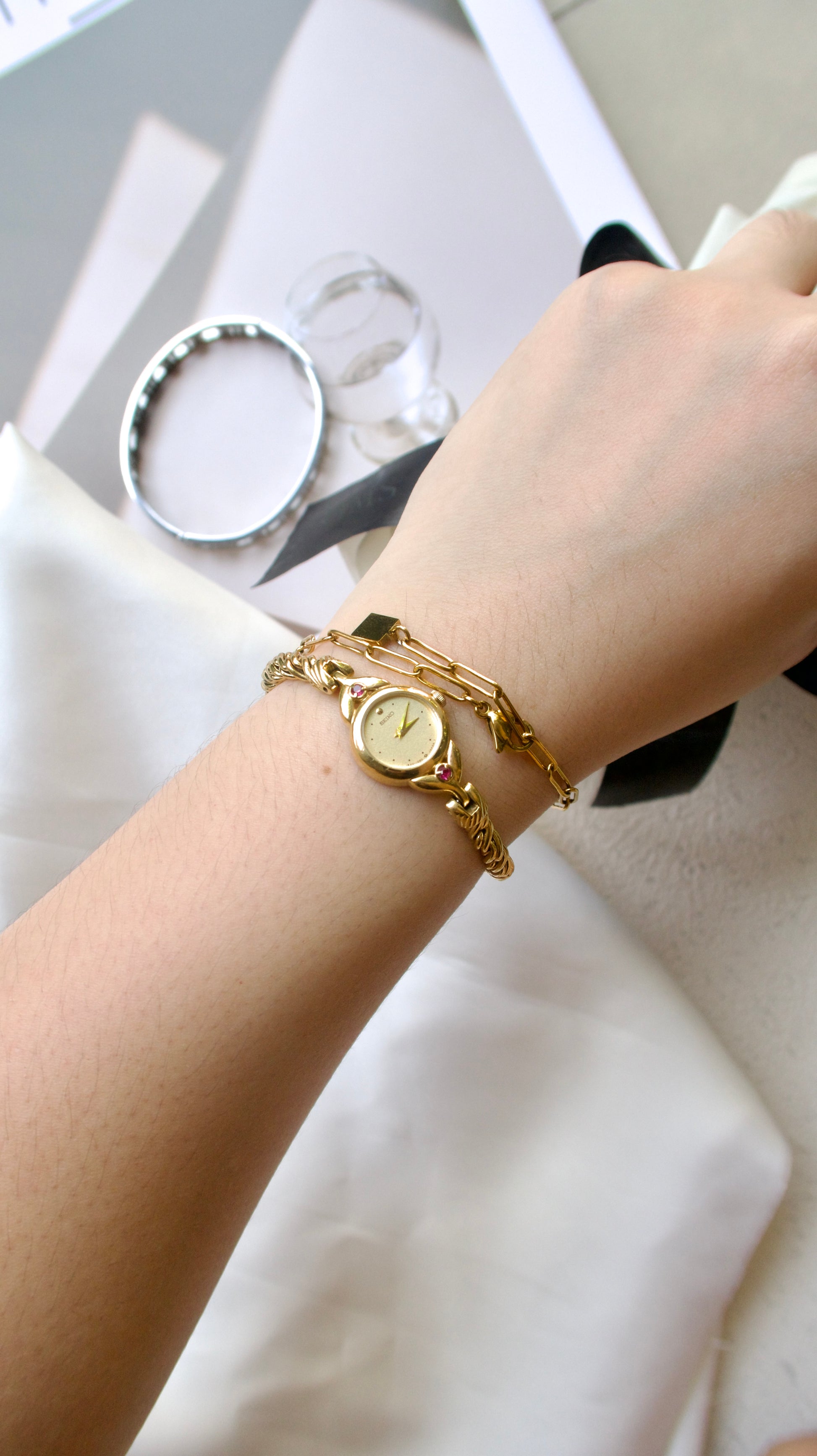 S. Round Gold Dial with Two Pink Jewels Watch